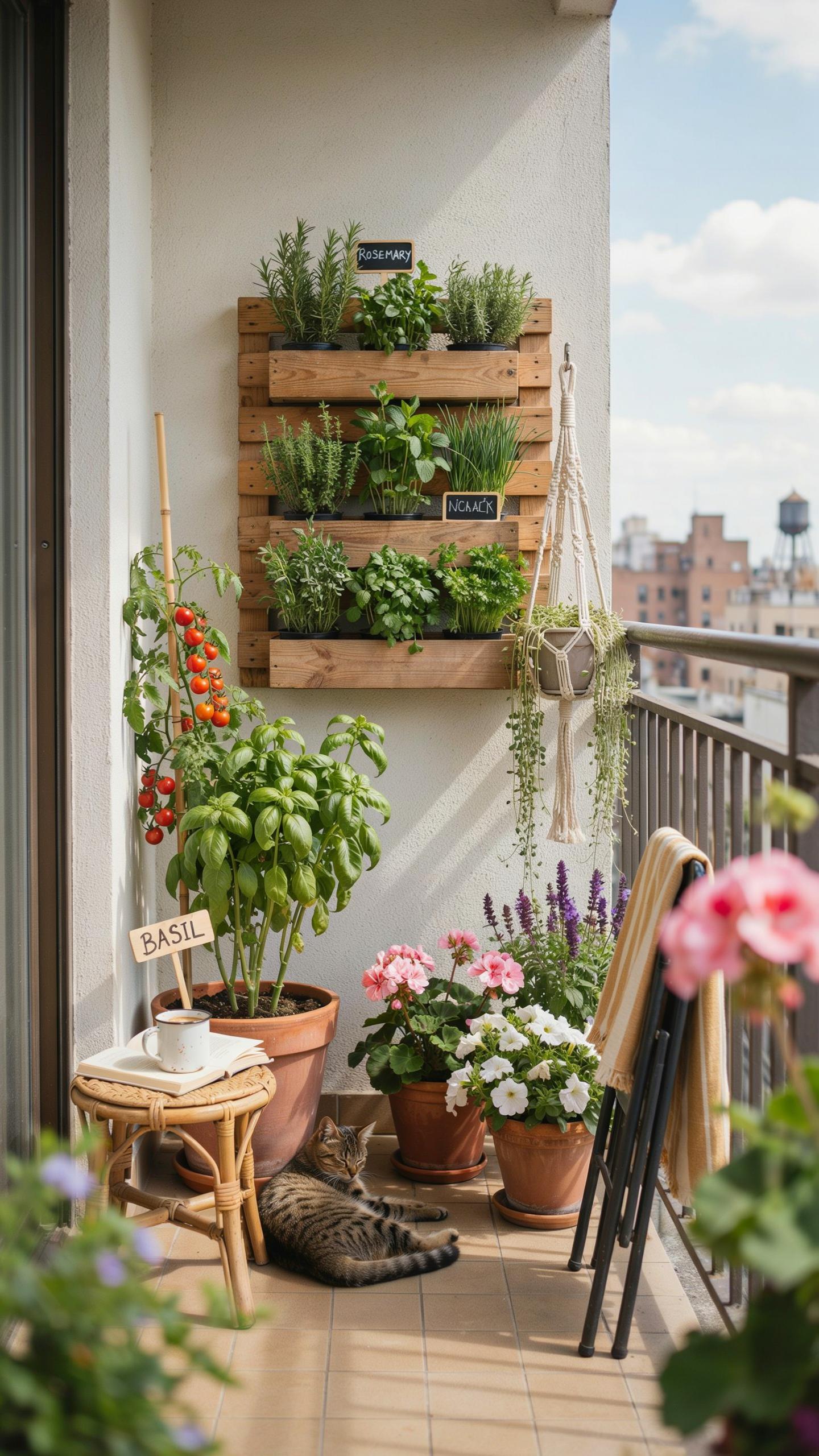 A cozy, sunlit urban balcony features a vertical wooden planter with herbs, large potted basil and tomato plants, and several pots of pink and white f