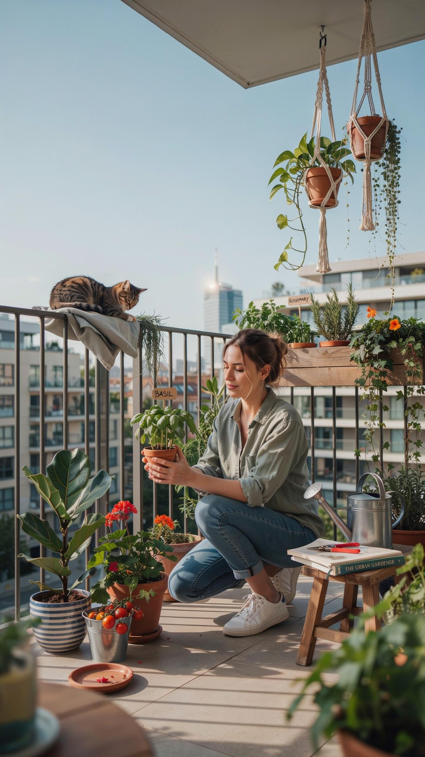 A young woman crouches on a sunlit apartment balcony, holding a small potted plant, surrounded by various other plants in pots, with a cat perched on
