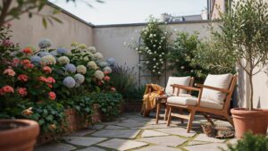 A cozy outdoor patio features a flagstone floor, an array of colorful hydrangeas and other plants in a raised bed, two wooden armchairs with cream cus