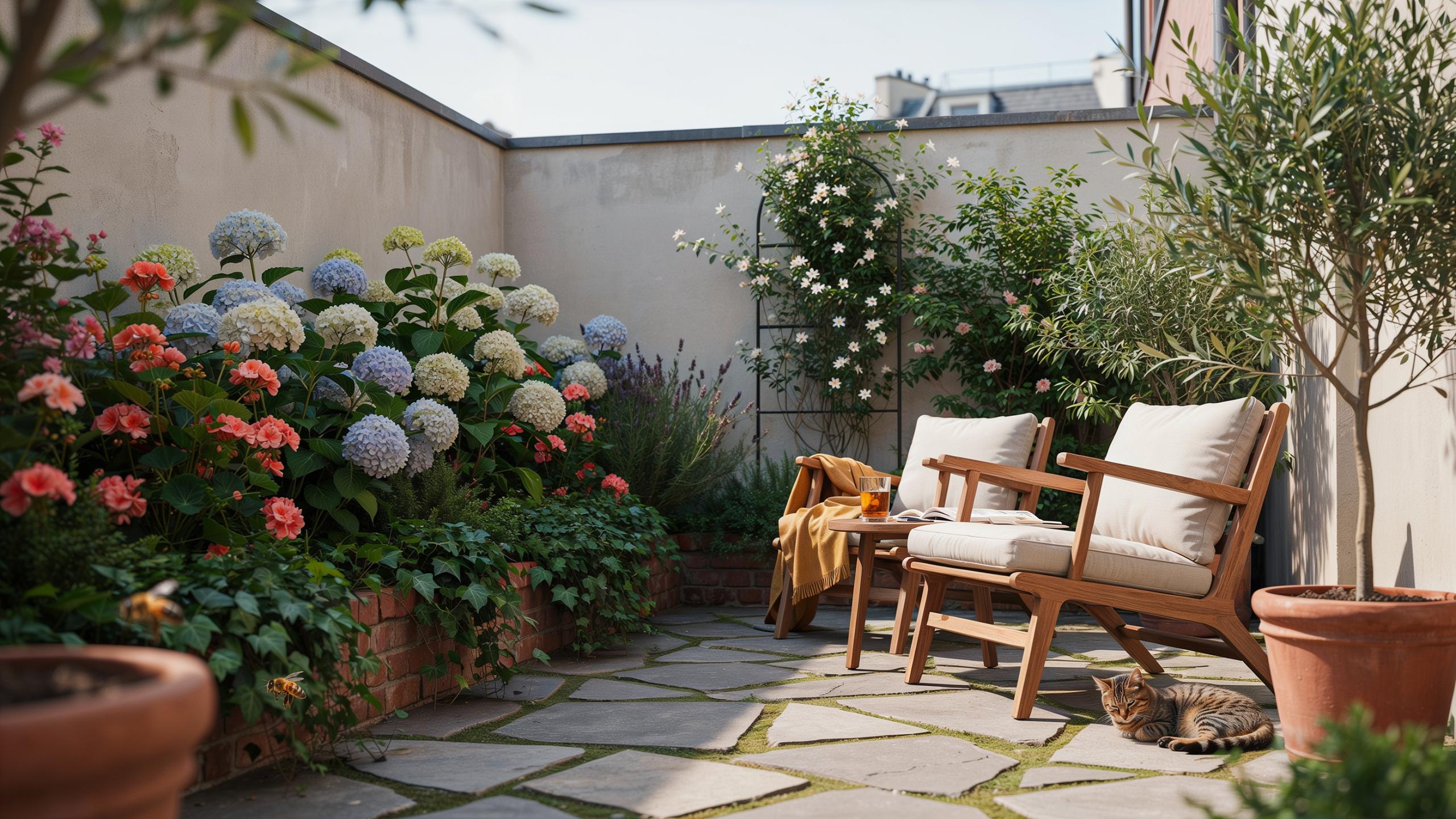 A cozy outdoor patio features a flagstone floor, an array of colorful hydrangeas and other plants in a raised bed, two wooden armchairs with cream cus