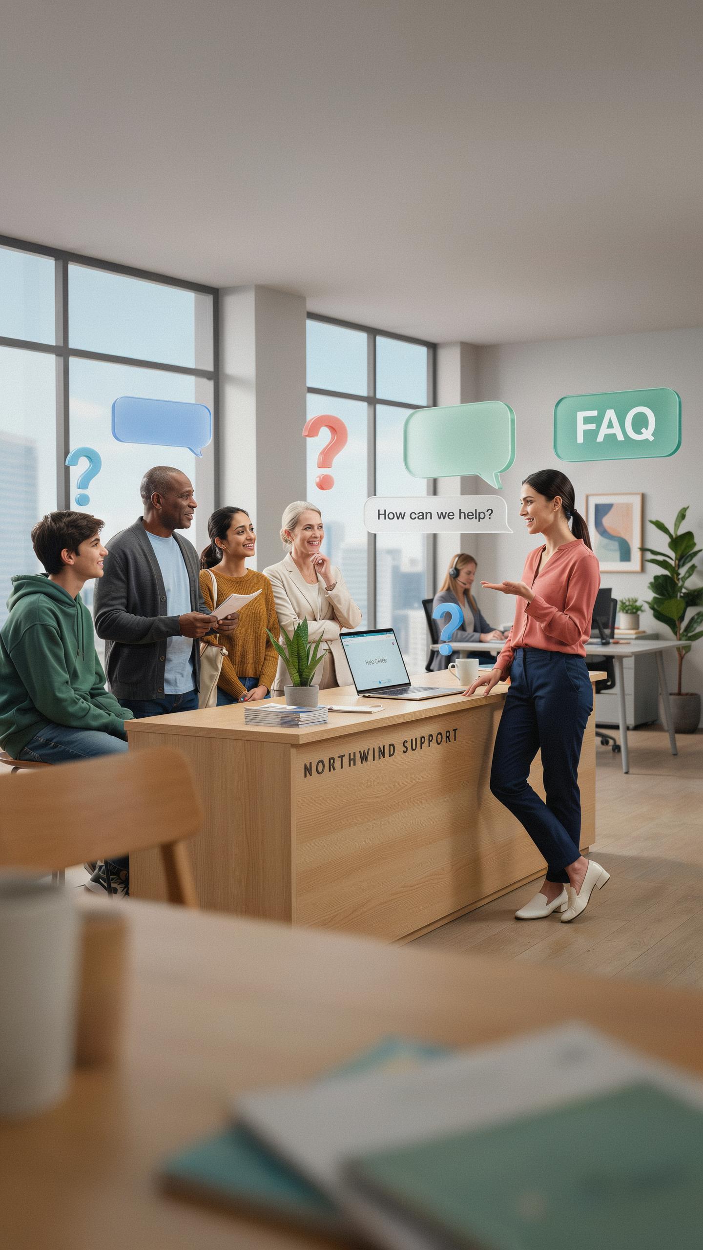 A diverse group of people, including adults and a boy, stand at a light wood customer support desk in a modern office, while a female staff member spe
