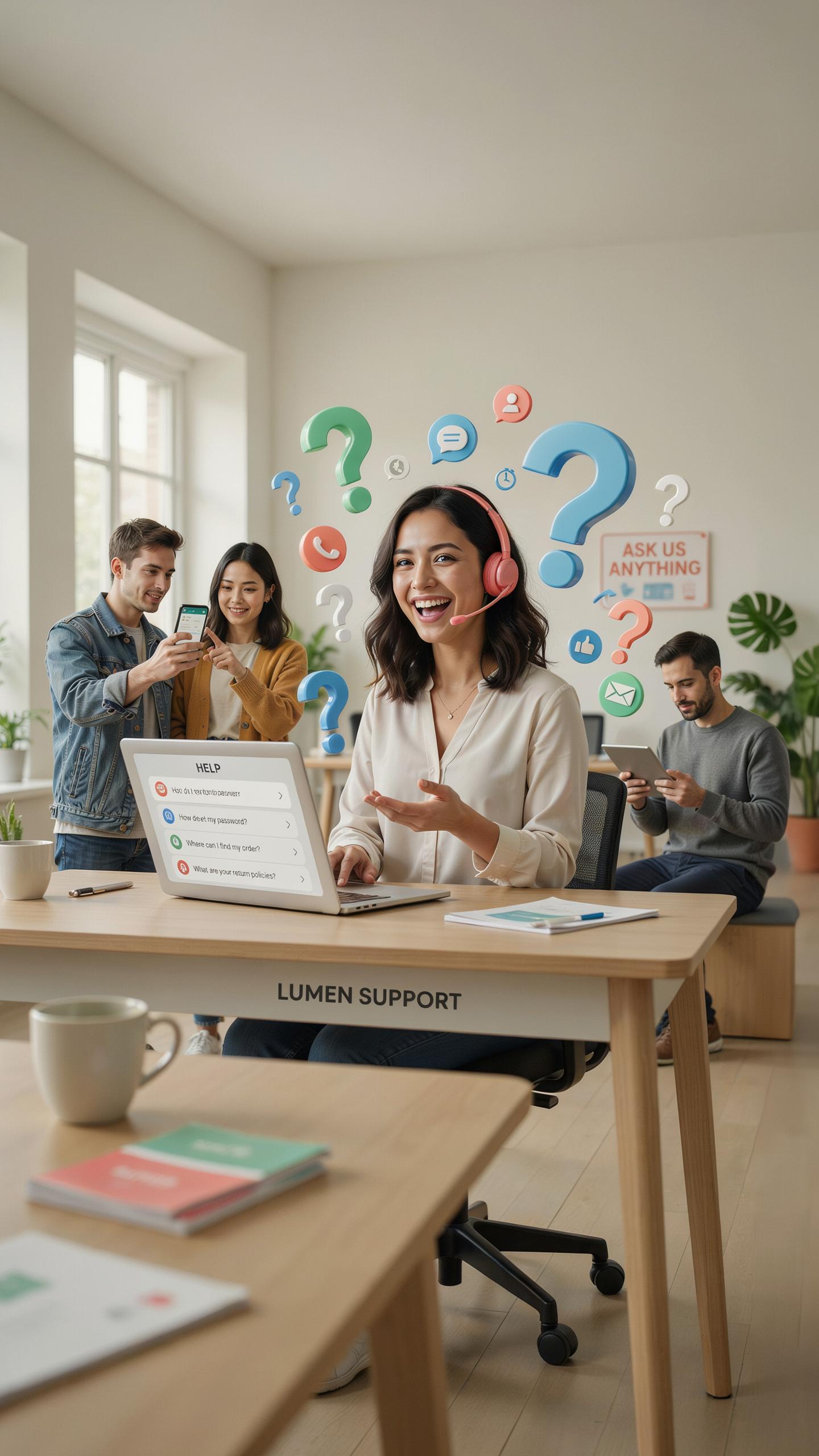 A smiling woman in a headset works on a laptop at a modern wooden desk, surrounded by other people also on their devices in a bright office space with