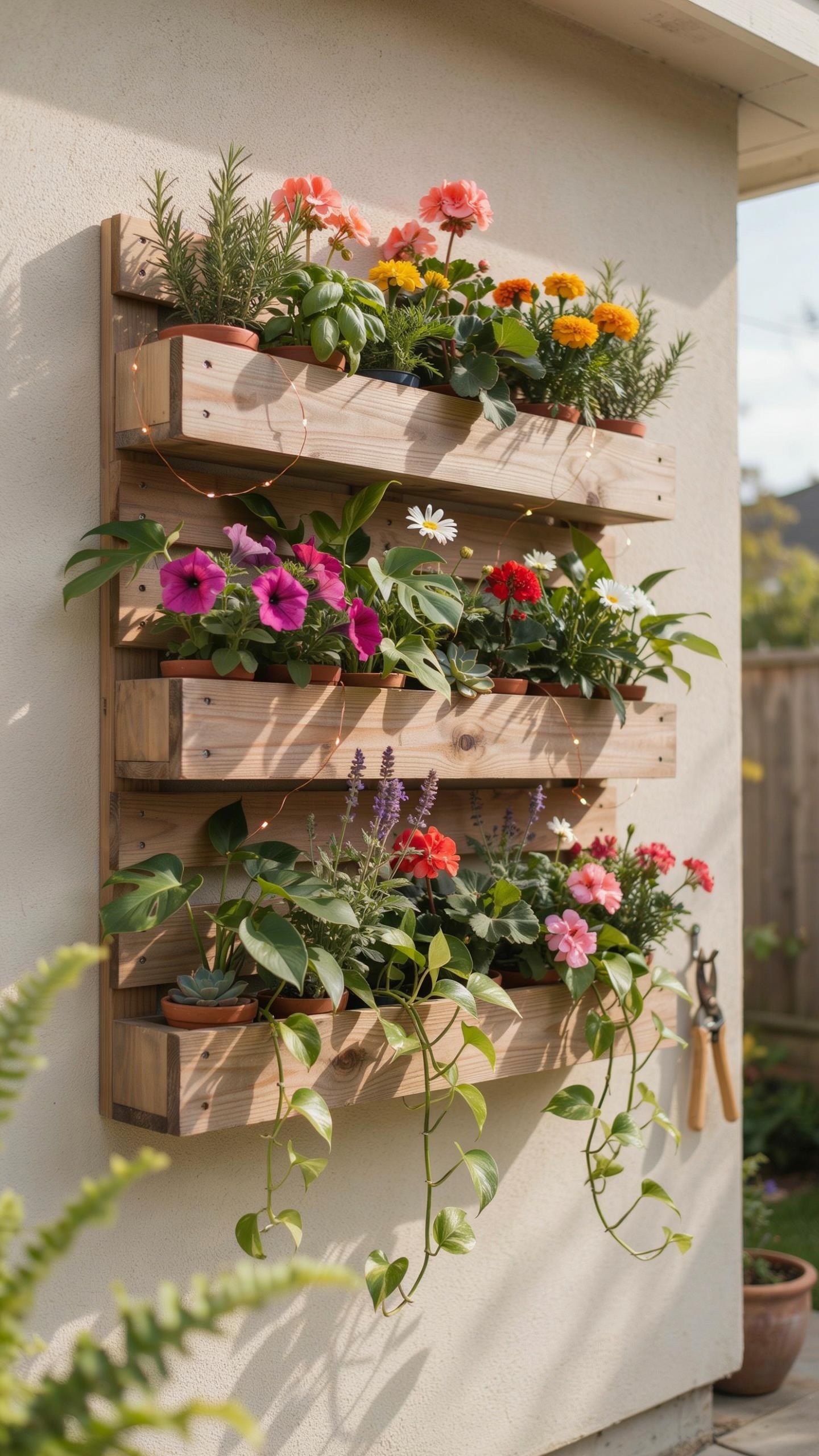 A wooden vertical garden with three tiers of planters filled with various colorful flowers and herbs is mounted on a light-colored outdoor wall, with