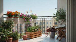 A vibrant balcony garden is shown with various potted plants and flowers, including orange marigolds and purple petunias, hanging from a black railing