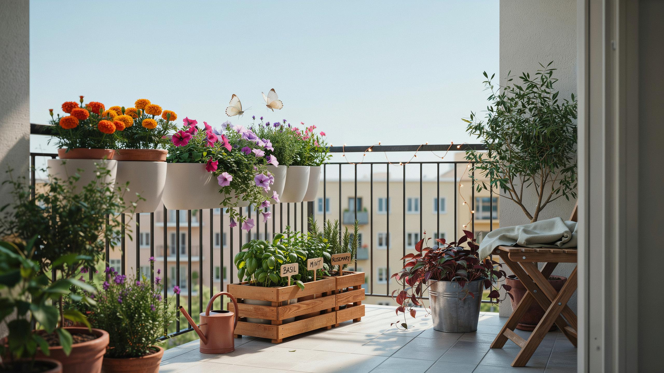 A vibrant balcony garden is shown with various potted plants and flowers, including orange marigolds and purple petunias, hanging from a black railing
