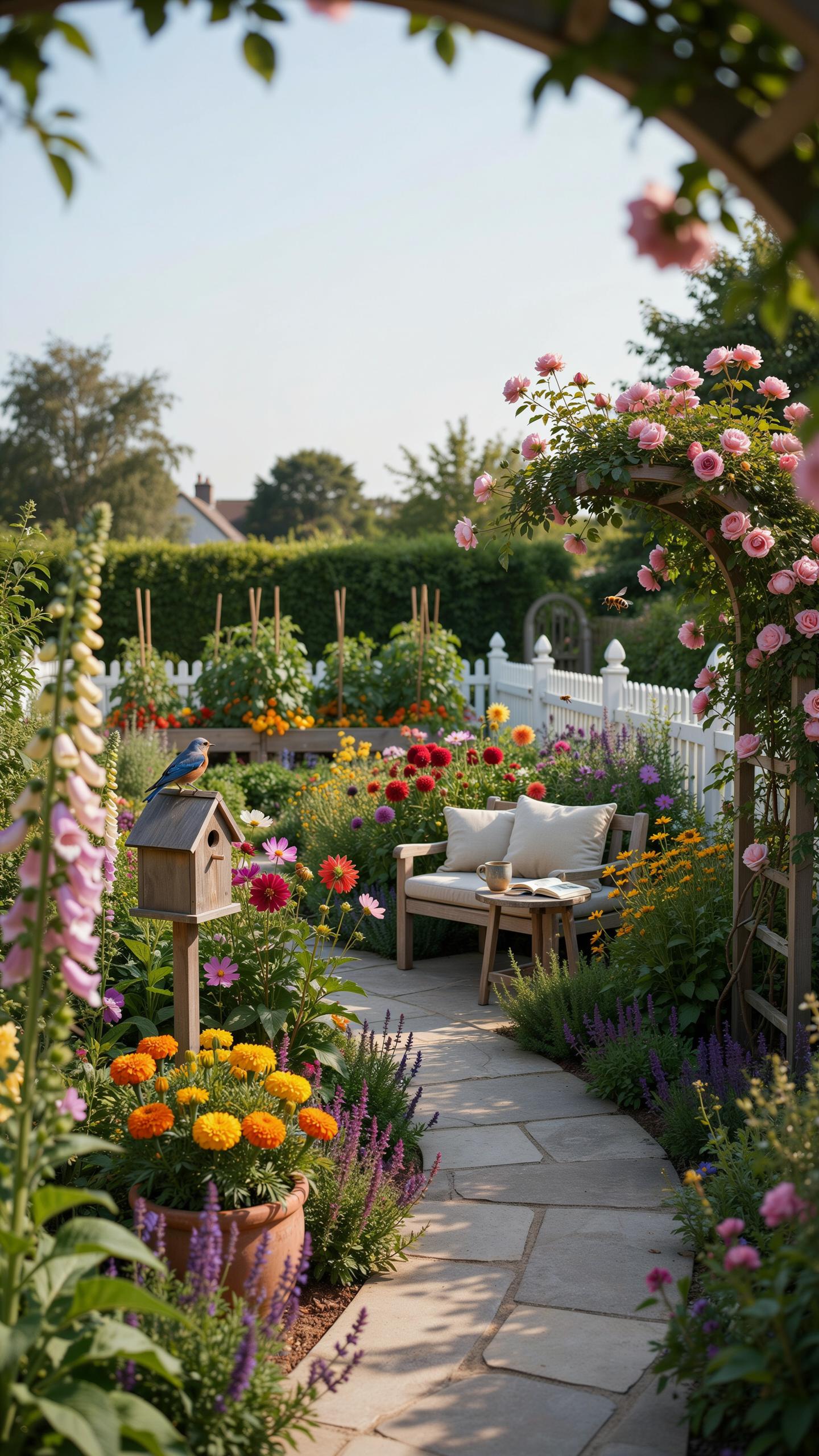 A birdhouse with a small blue bird on top stands beside a winding flagstone path through a vibrant, colorful cottage garden, leading to a wooden bench
