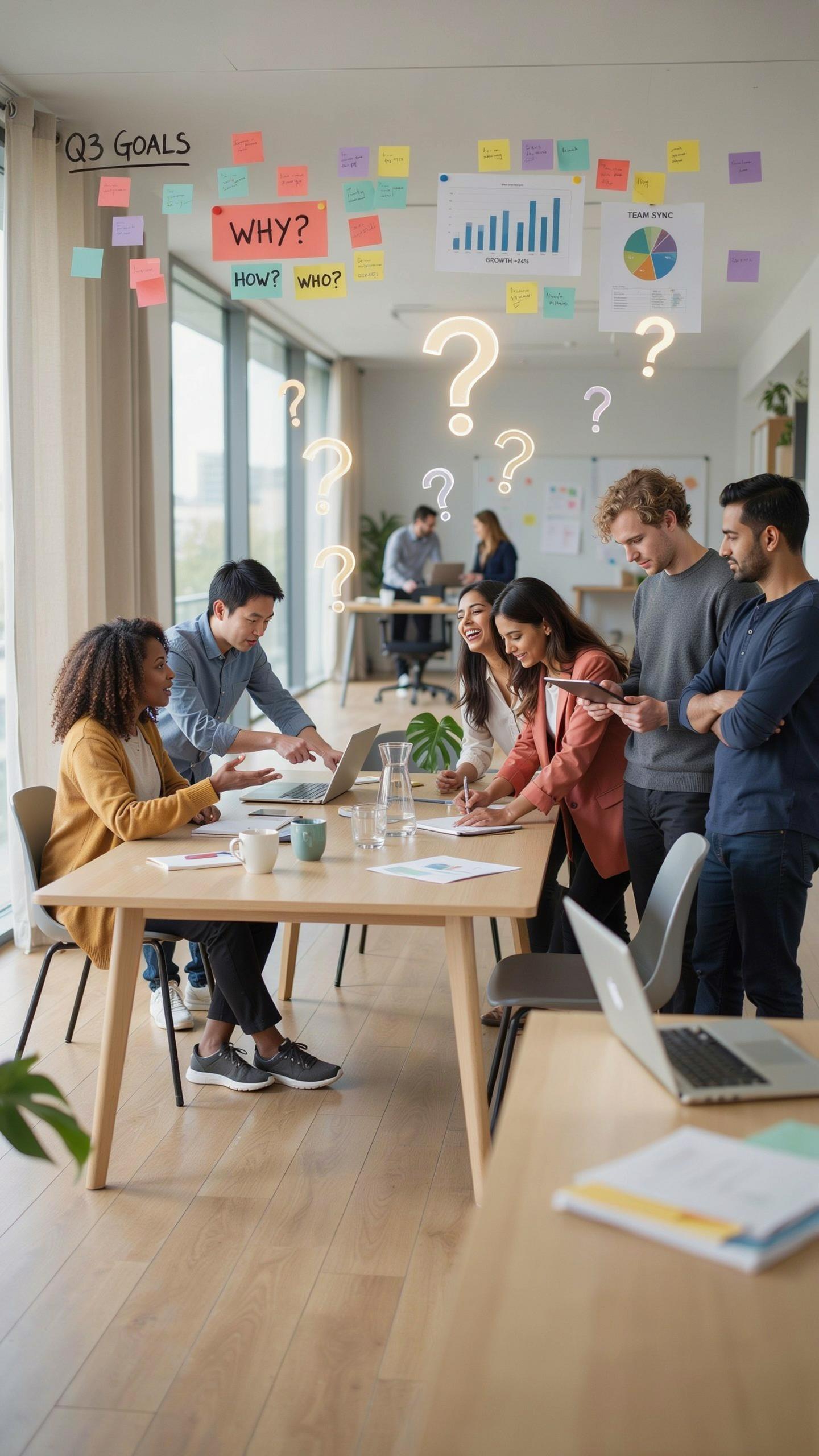 A diverse group of eight young professionals collaborates in a modern, brightly lit office, some seated at laptops on a long wooden table, others stan
