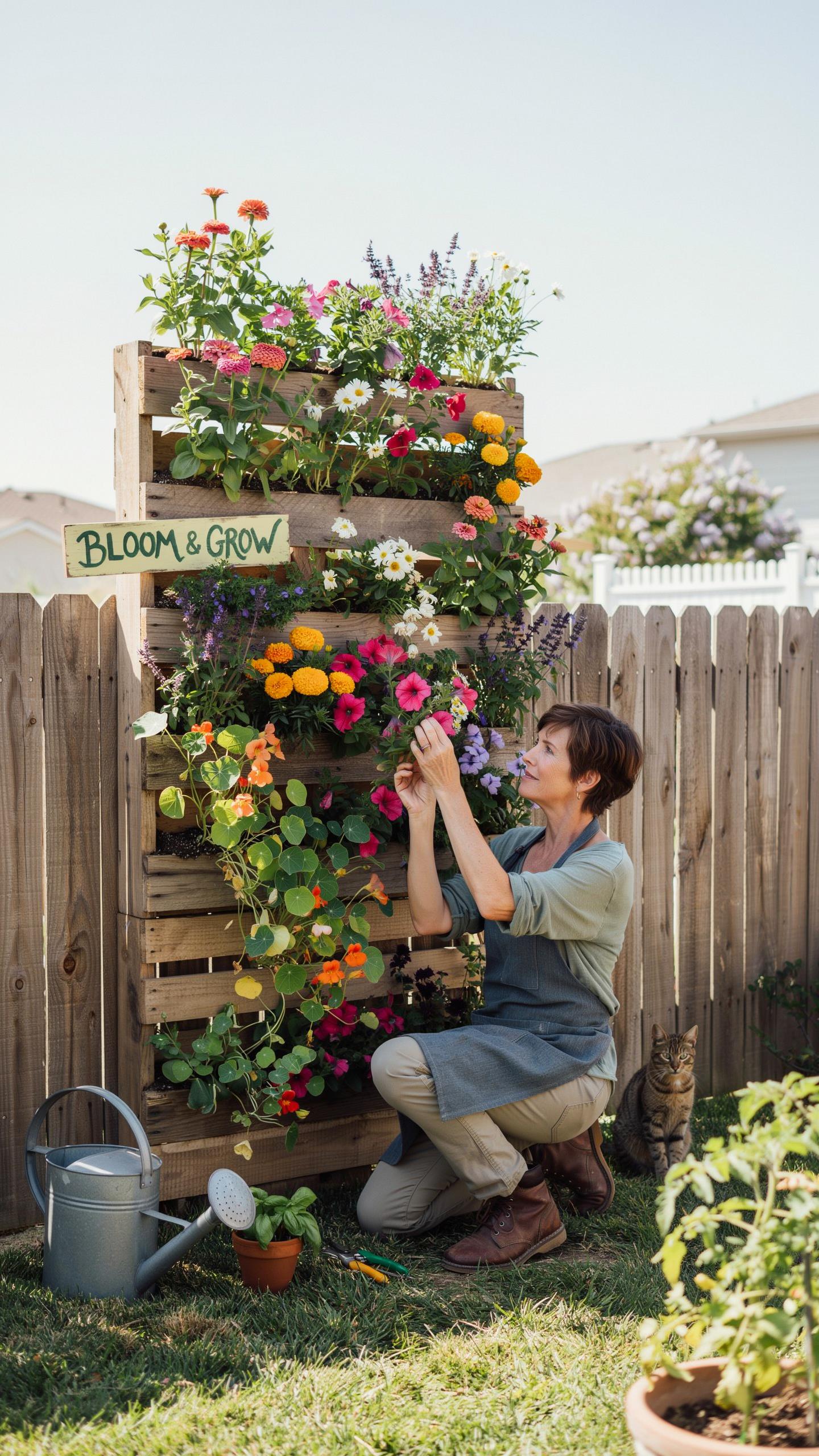 A woman with short brown hair, wearing a gray apron over a green shirt and brown pants, kneels in a sunny backyard next to a tall vertical garden made