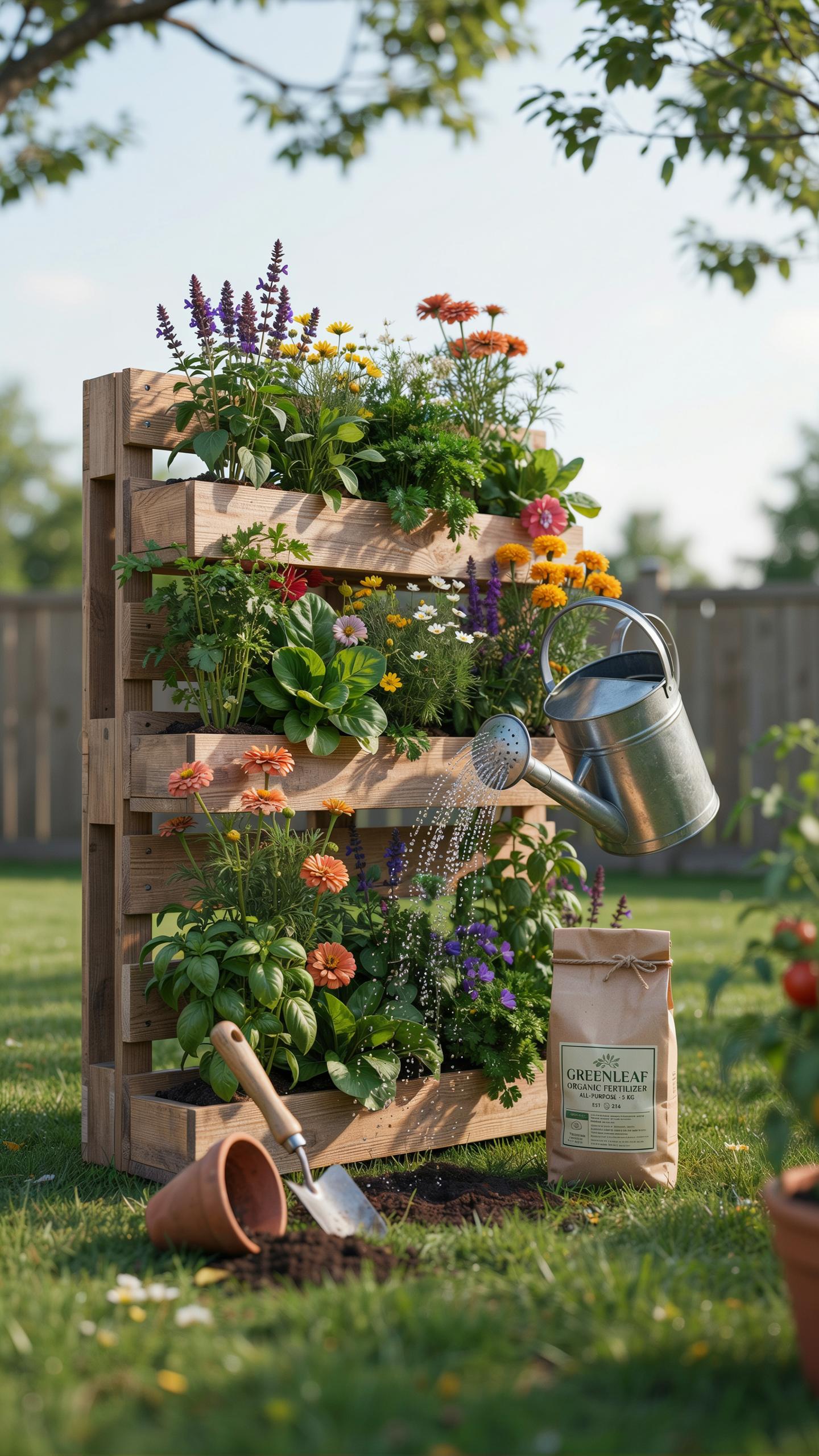 A wooden pallet planter with multiple shelves filled with colorful flowers and green plants is being watered by a silver watering can in a sunny outdo