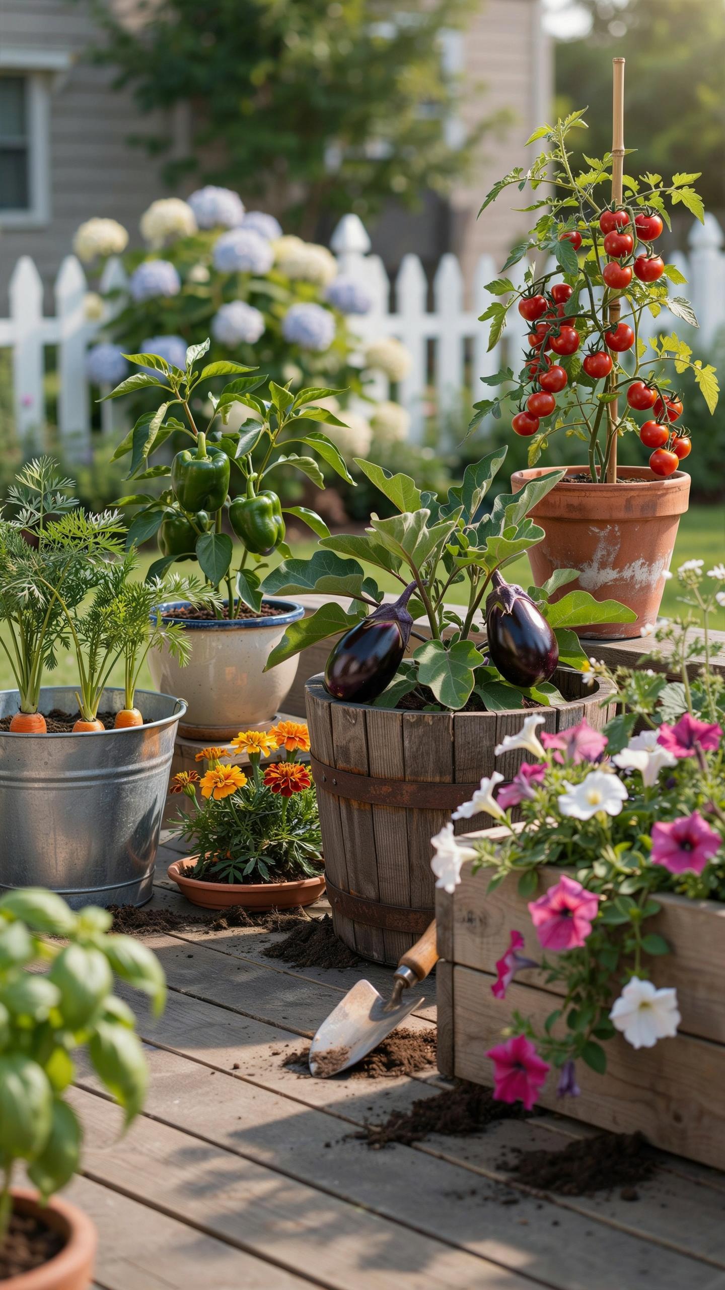 A vibrant container vegetable garden on a wooden deck features potted cherry tomatoes, bell peppers, eggplants, carrots in a galvanized tub, and vario
