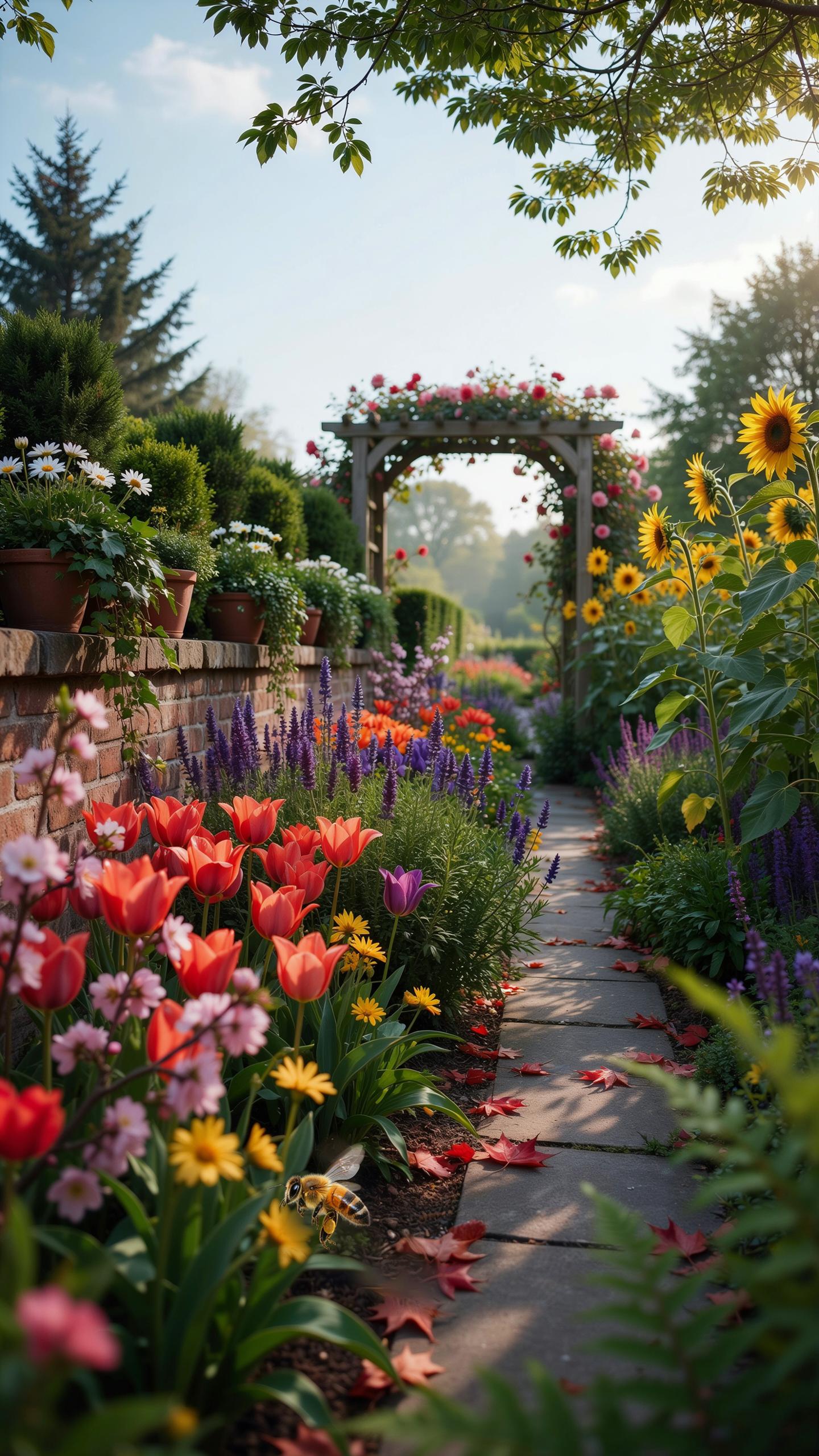 A narrow stone pathway winds through a vibrant, colorful garden under a bright sky, flanked by blooming tulips, sunflowers, and other flowers, leading