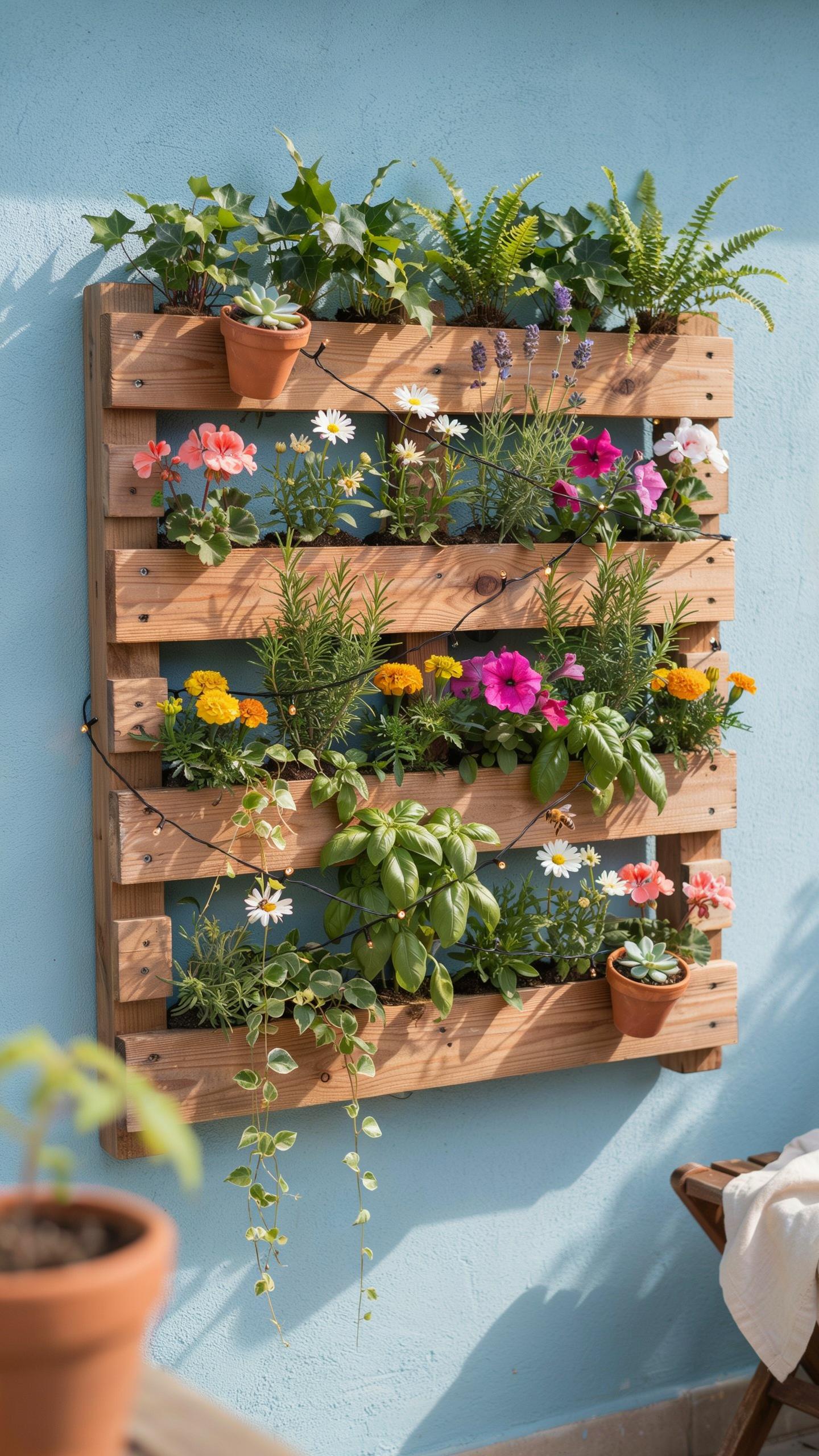 A rustic wooden pallet vertical garden is mounted against a pale blue wall, filled with a vibrant assortment of green plants, colorful flowers, and he