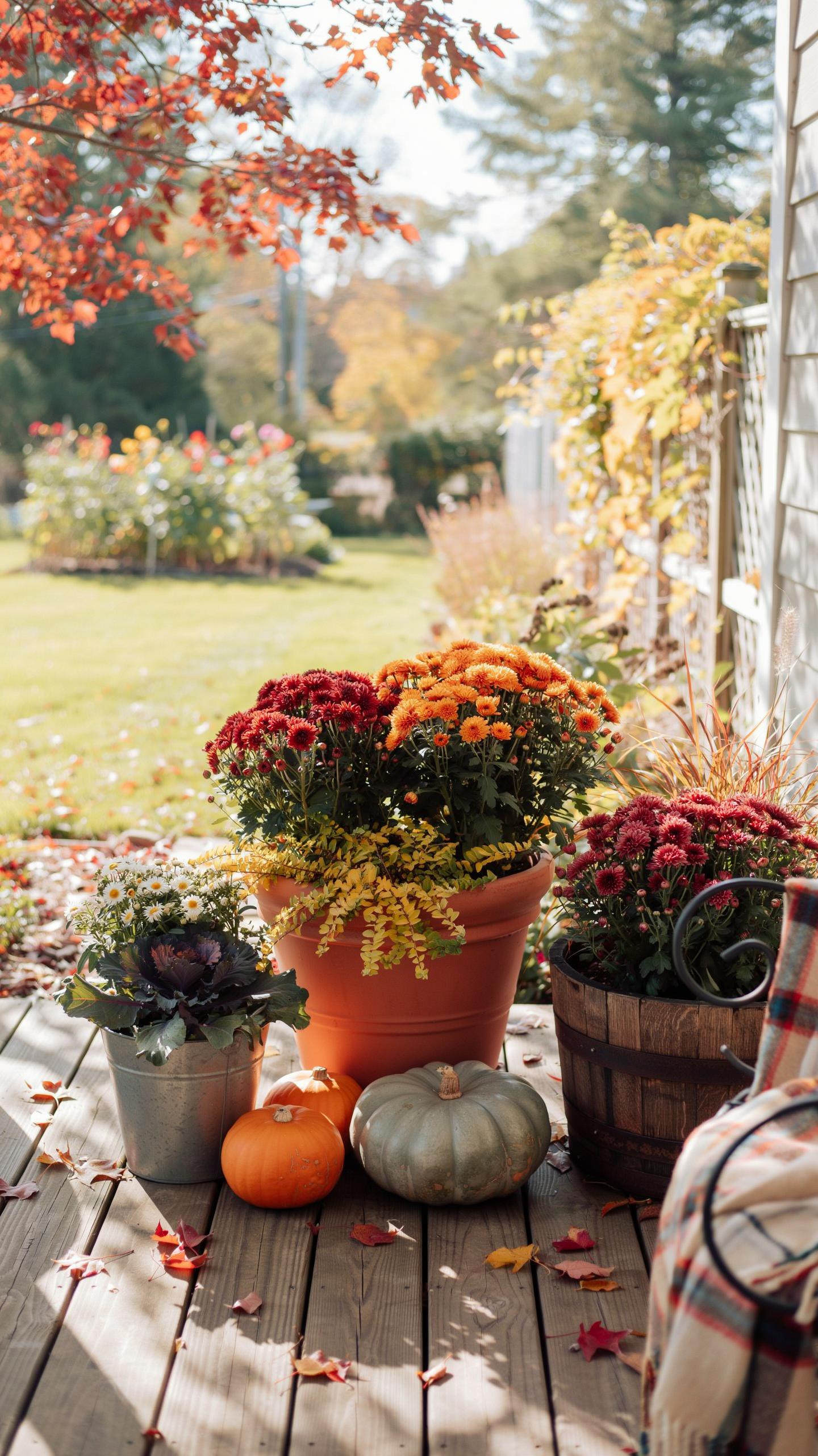 A cozy autumn porch scene features various potted chrysanthemums in reds, oranges, and yellows, alongside decorative pumpkins and gourds, all resting