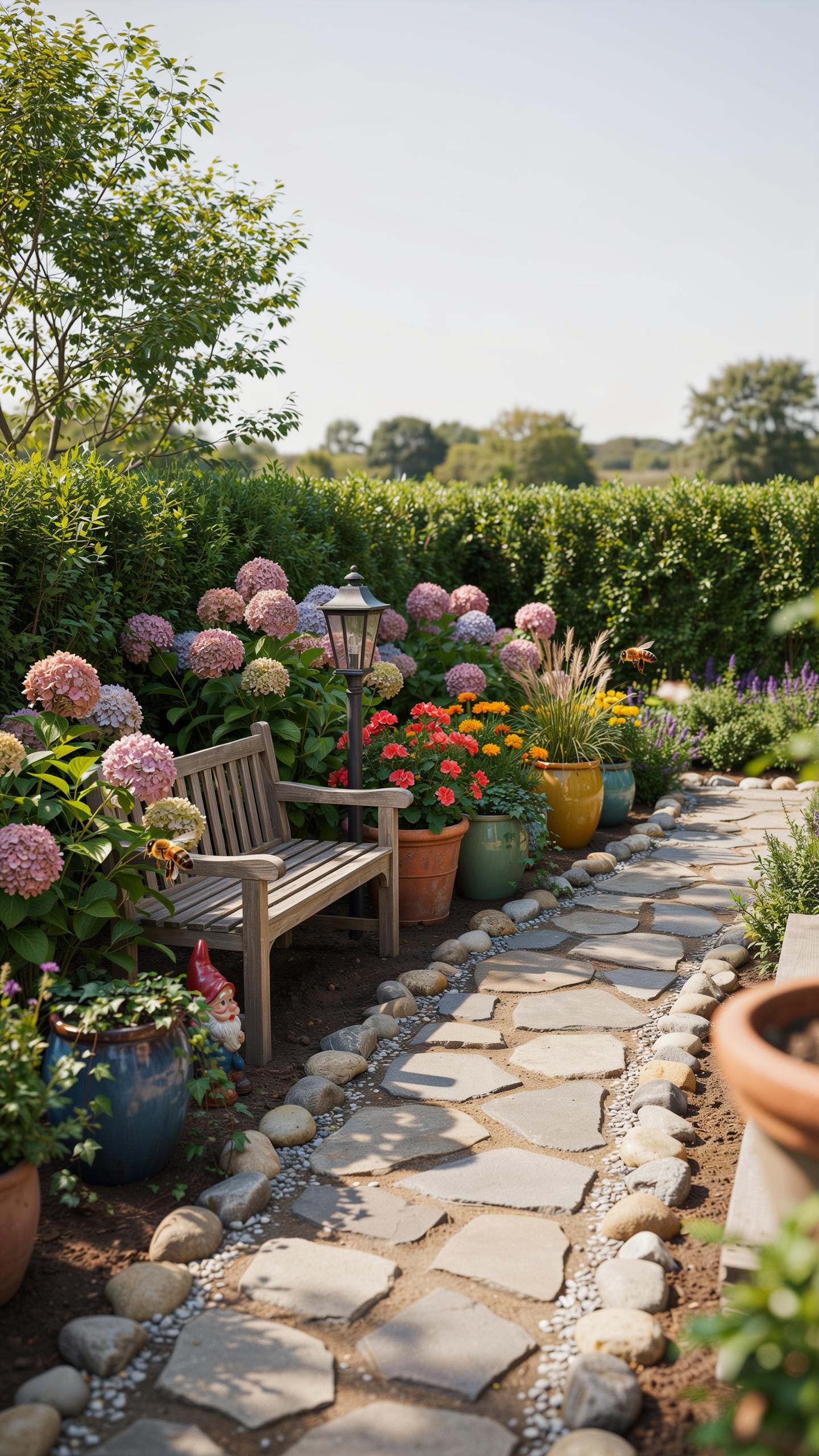 A sunlit garden path made of irregular flagstones winds through vibrant flower beds and a lush green hedge.