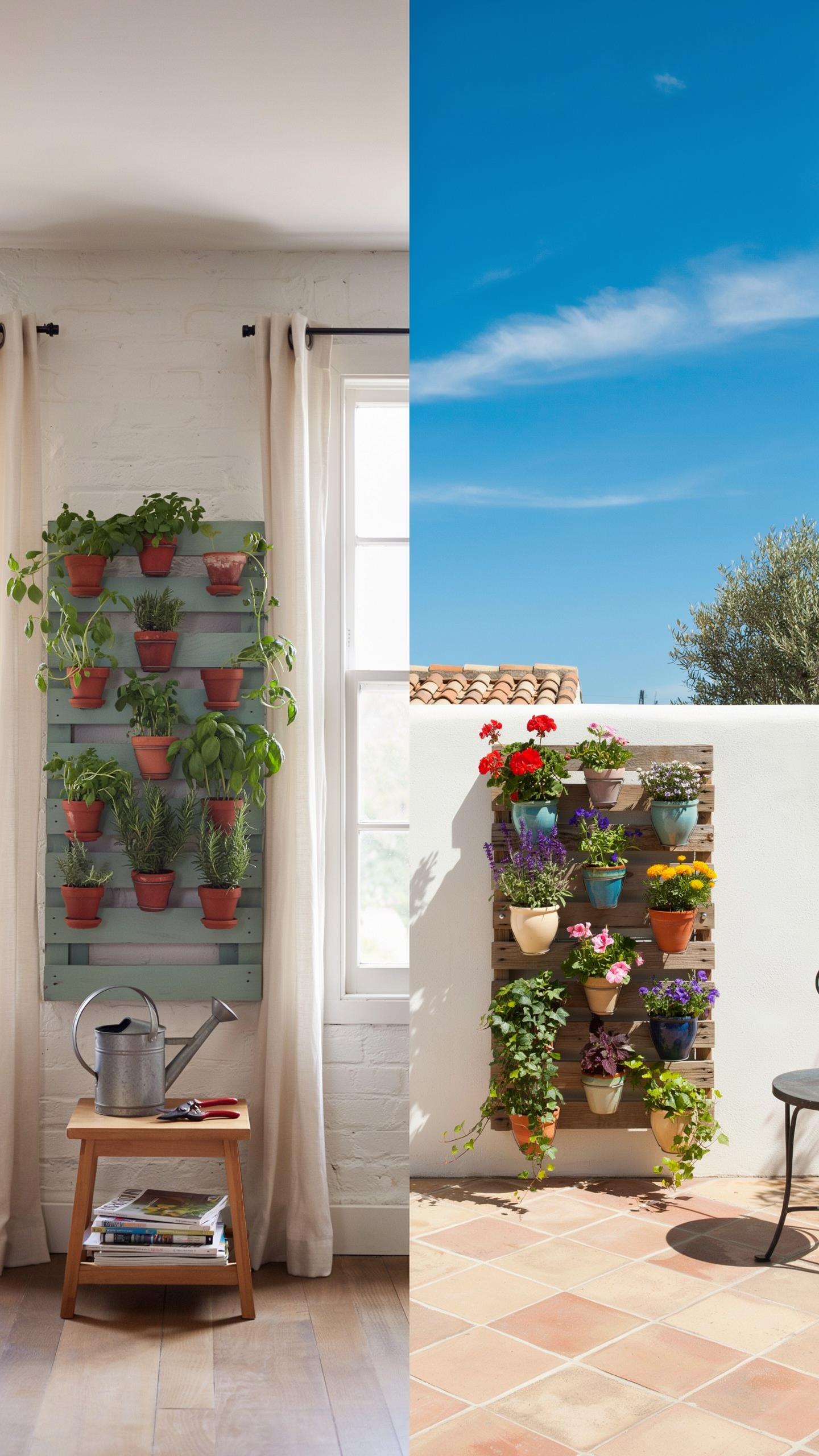 A split image shows two vertical garden setups: on the left, an indoor herb garden on a light green pallet against a white wall with a window and a wa