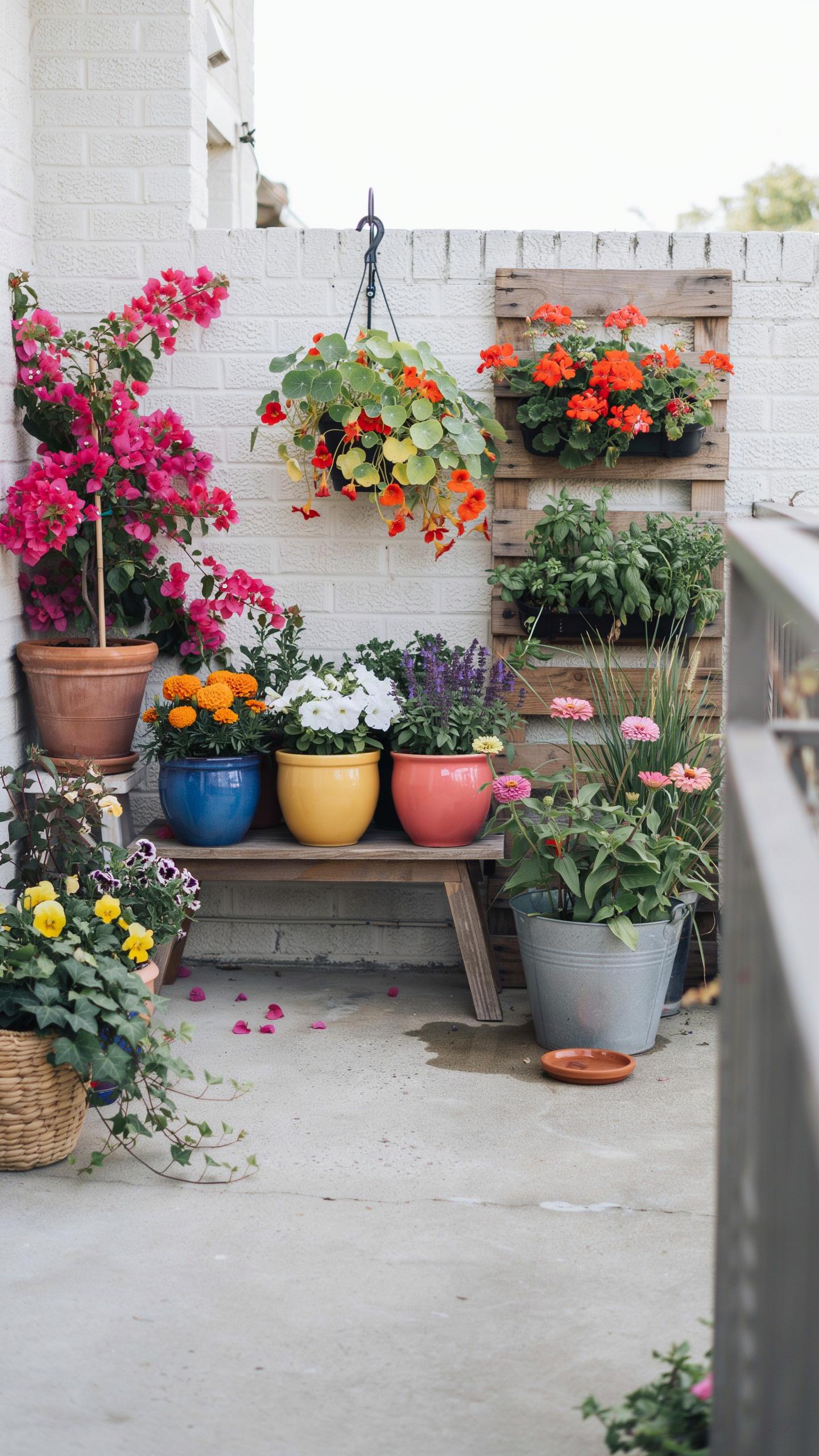 A vibrant balcony garden features a variety of colorful potted flowers and plants, including pink bougainvillea, hanging baskets with orange and yello