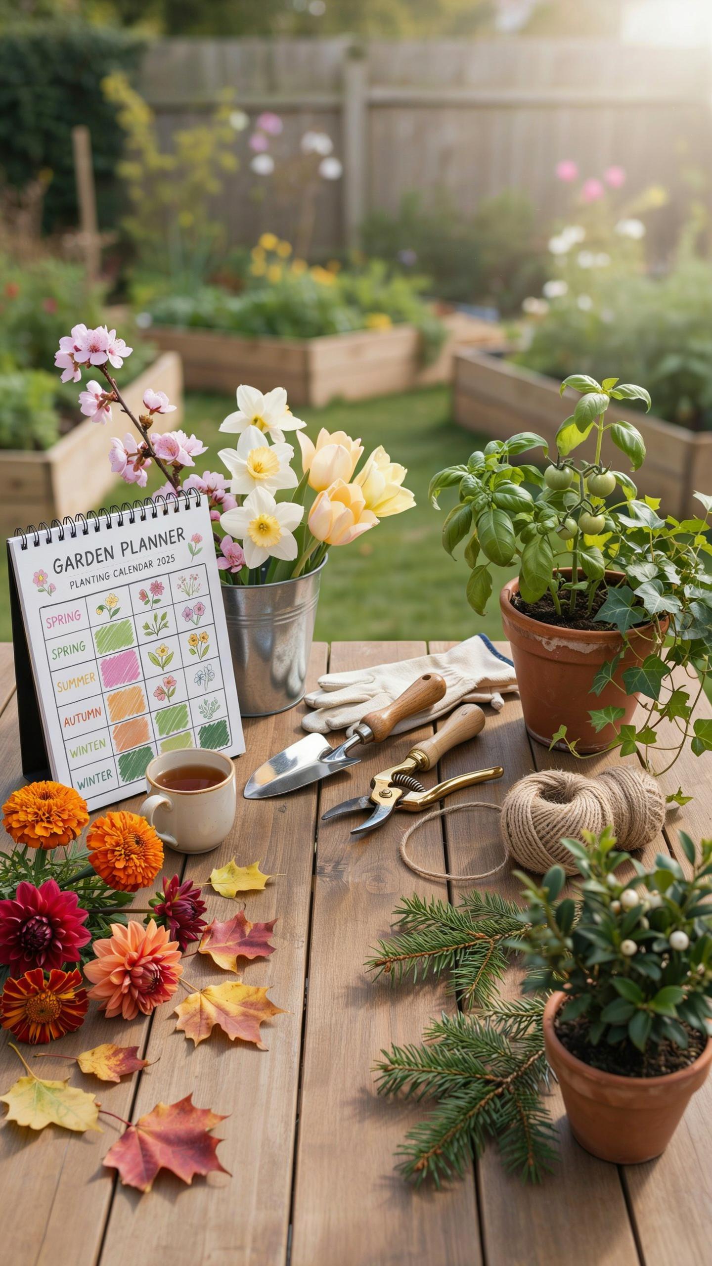 A rustic wooden table in a sunny garden holds gardening tools, potted herbs, colorful flowers, autumn leaves, and a garden planner calendar.