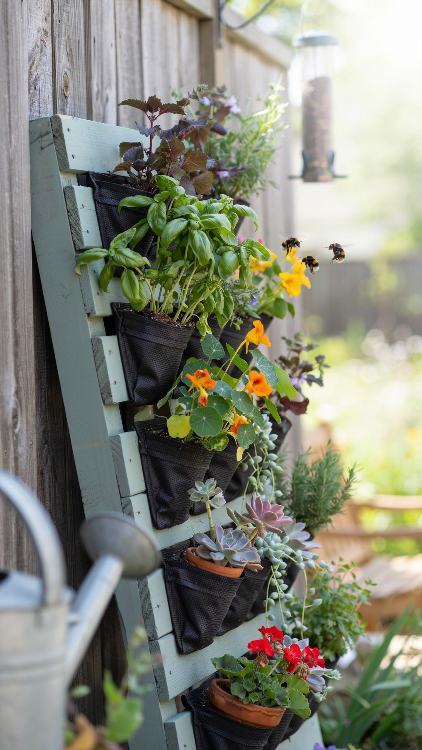 A rustic light blue wooden vertical garden planter with multiple rows of black fabric pockets holding various green herbs and colorful flowering plant
