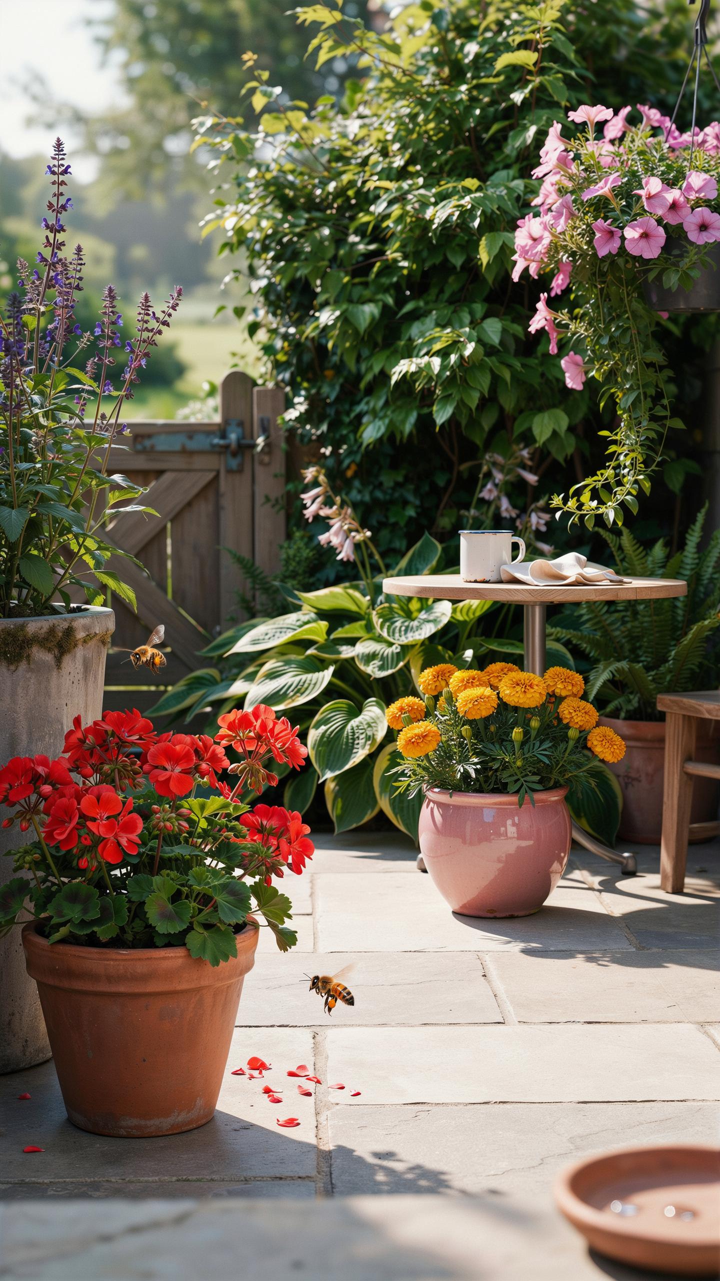 A warm, sunlit patio features various potted plants, including red geraniums, yellow marigolds, and purple salvia, with two bees in flight. A small ro
