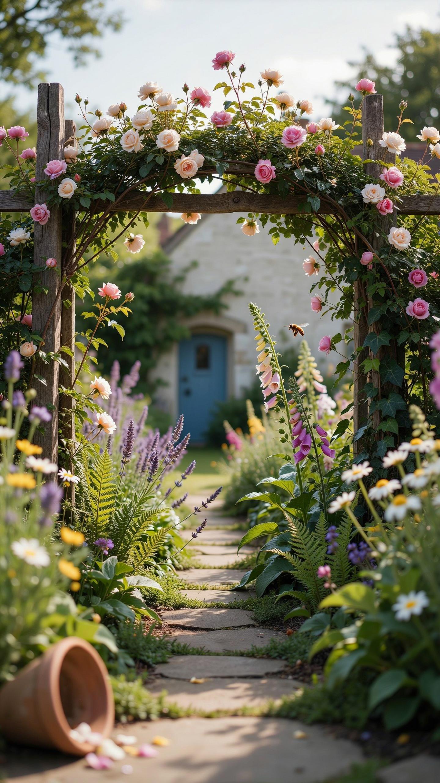 A stone path leads through a vibrant cottage garden towards a white house with a blue door, framed by a wooden archway covered in pink roses and green