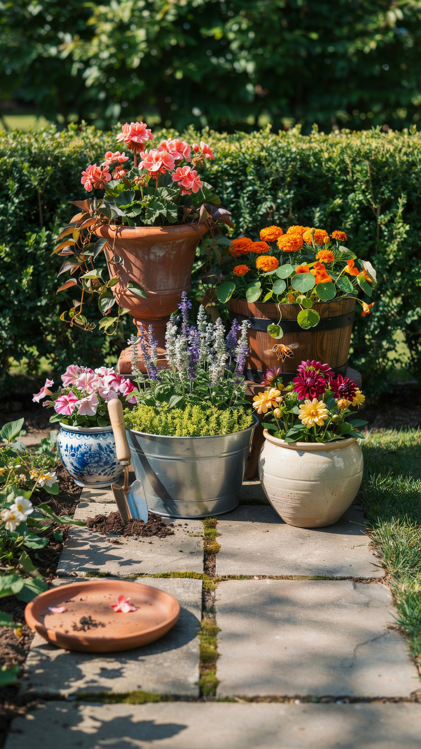 A sunlit garden path made of square pavers leads to a collection of colorful potted plants including pink, orange, purple, and yellow flowers, arrange