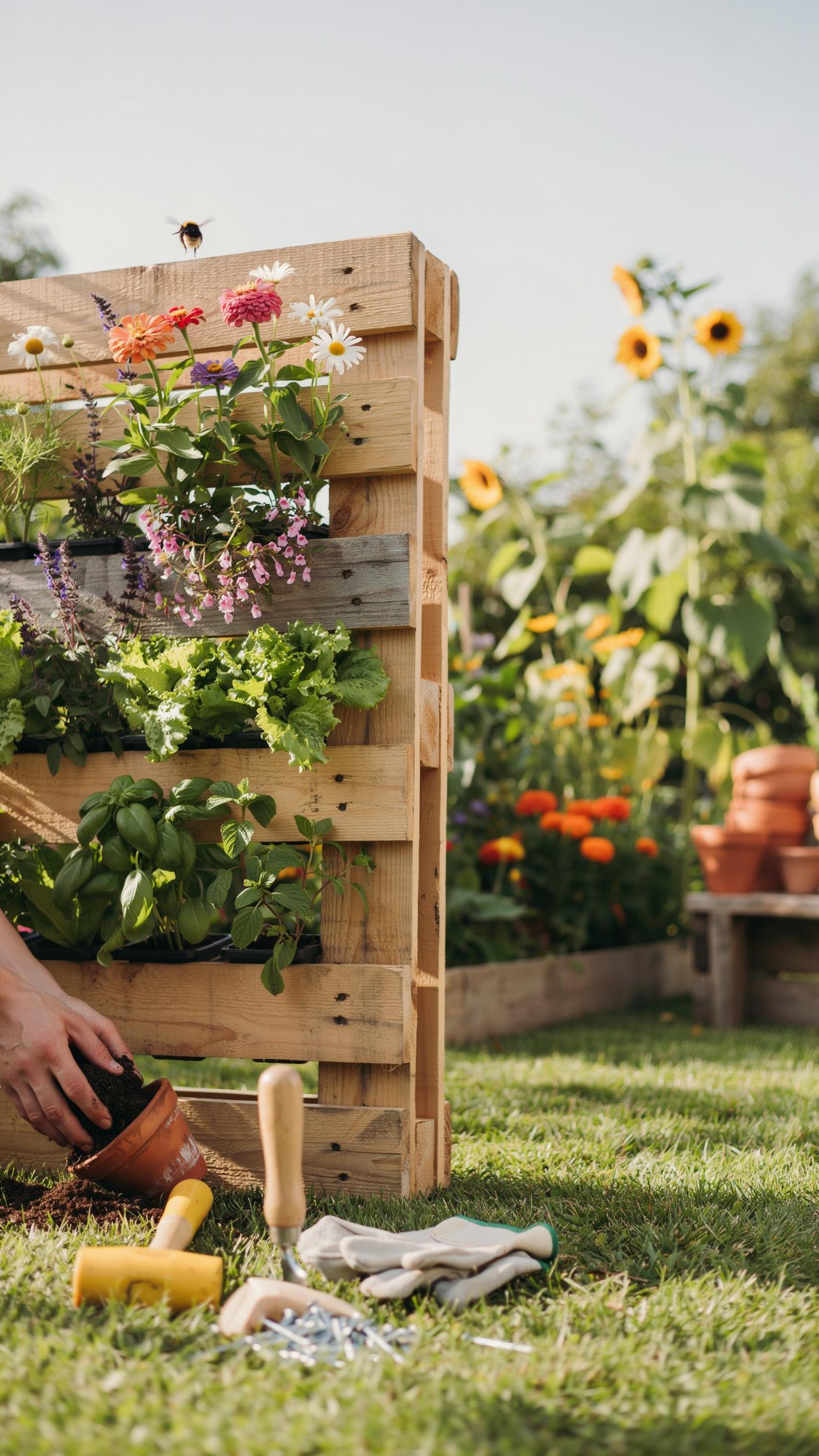A person's hands are visible on the lower left, tending to a small terracotta pot with gardening tools scattered on the grass in front of a vertical p