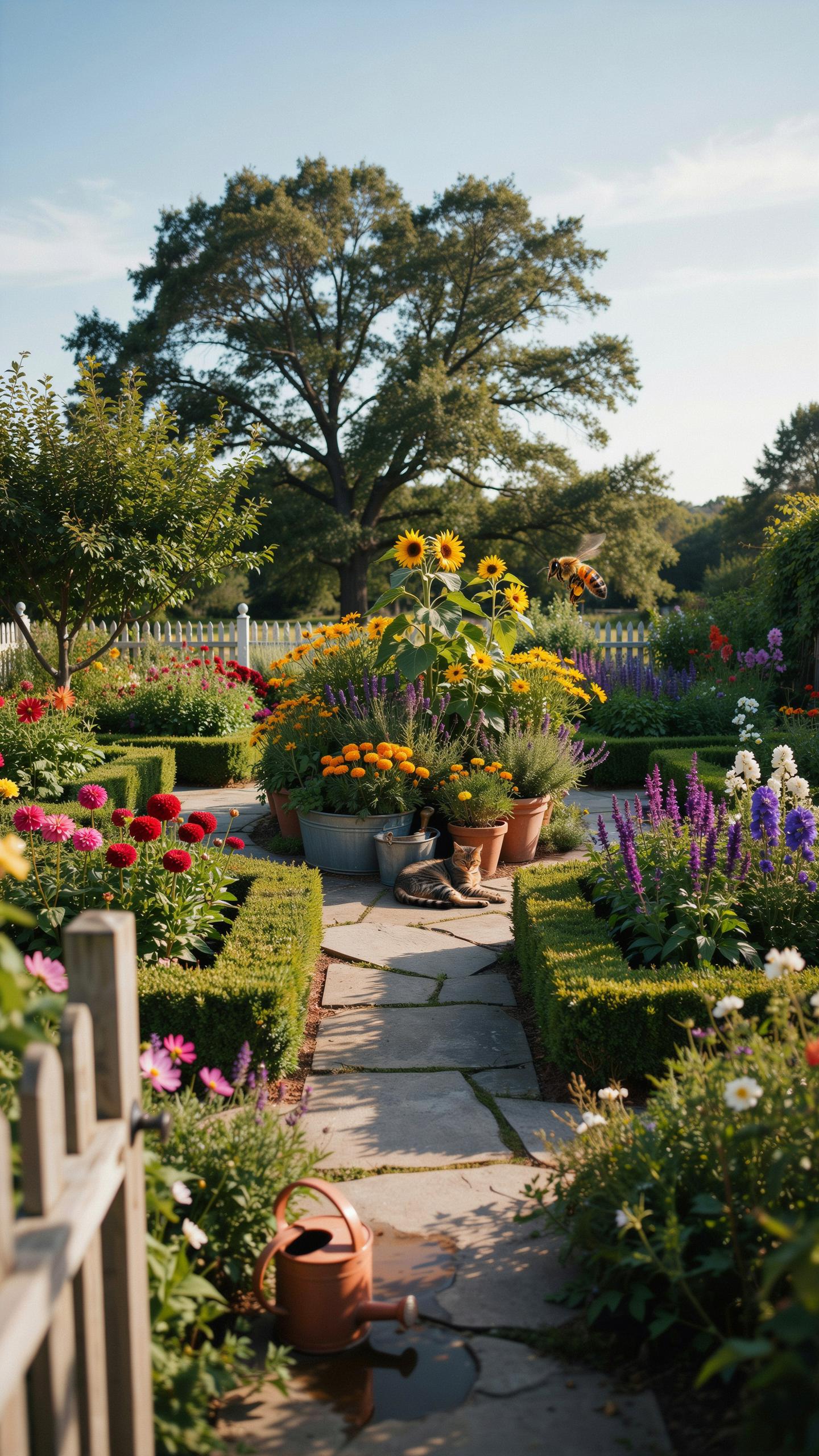 A stone pathway leads through a vibrant and meticulously maintained garden, flanked by low boxwood hedges and overflowing flower beds with colorful bl