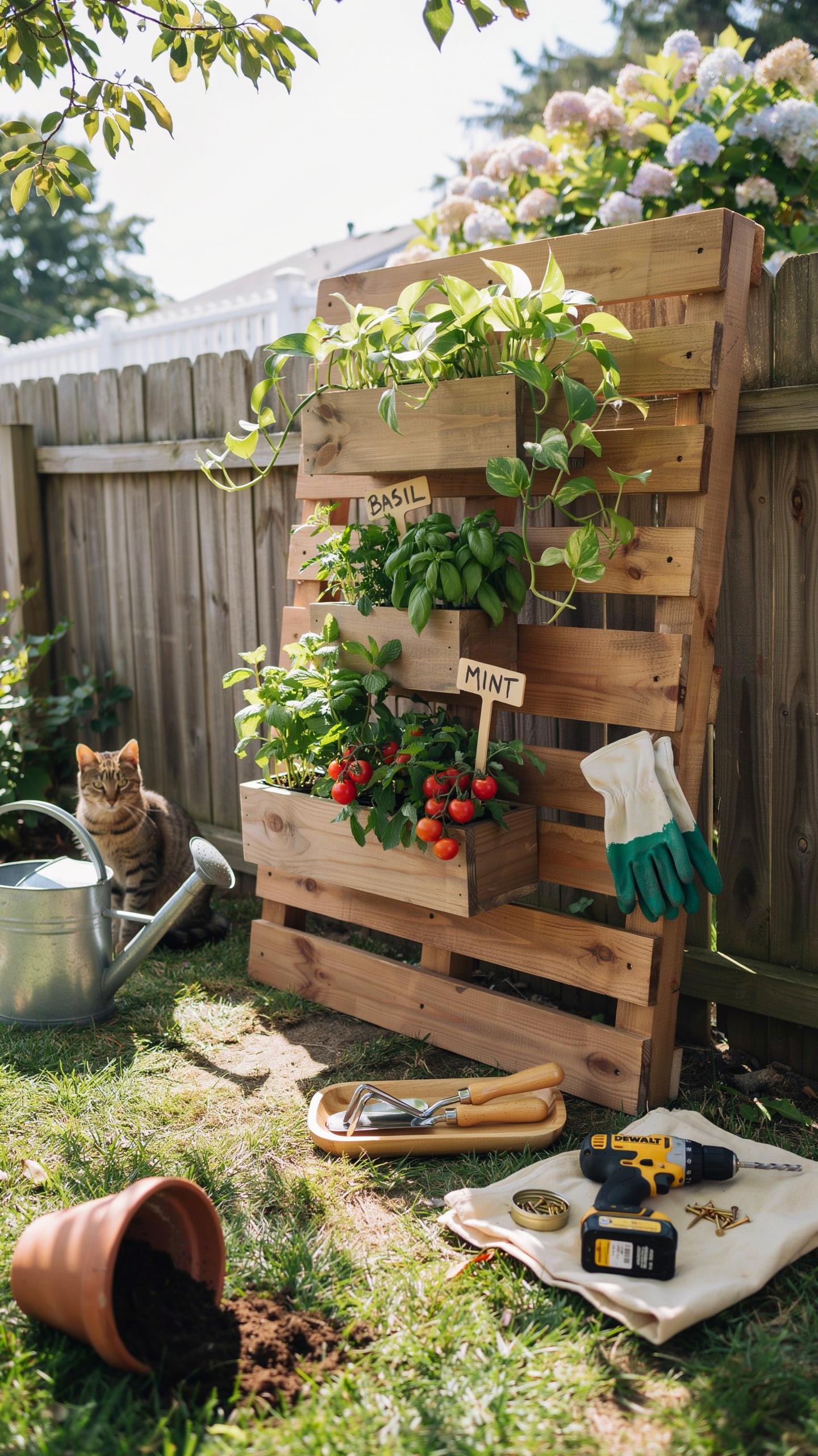 A domestic cat sits beside a watering can near a wooden pallet vertical garden brimming with various herbs and cherry tomatoes, with gardening tools s