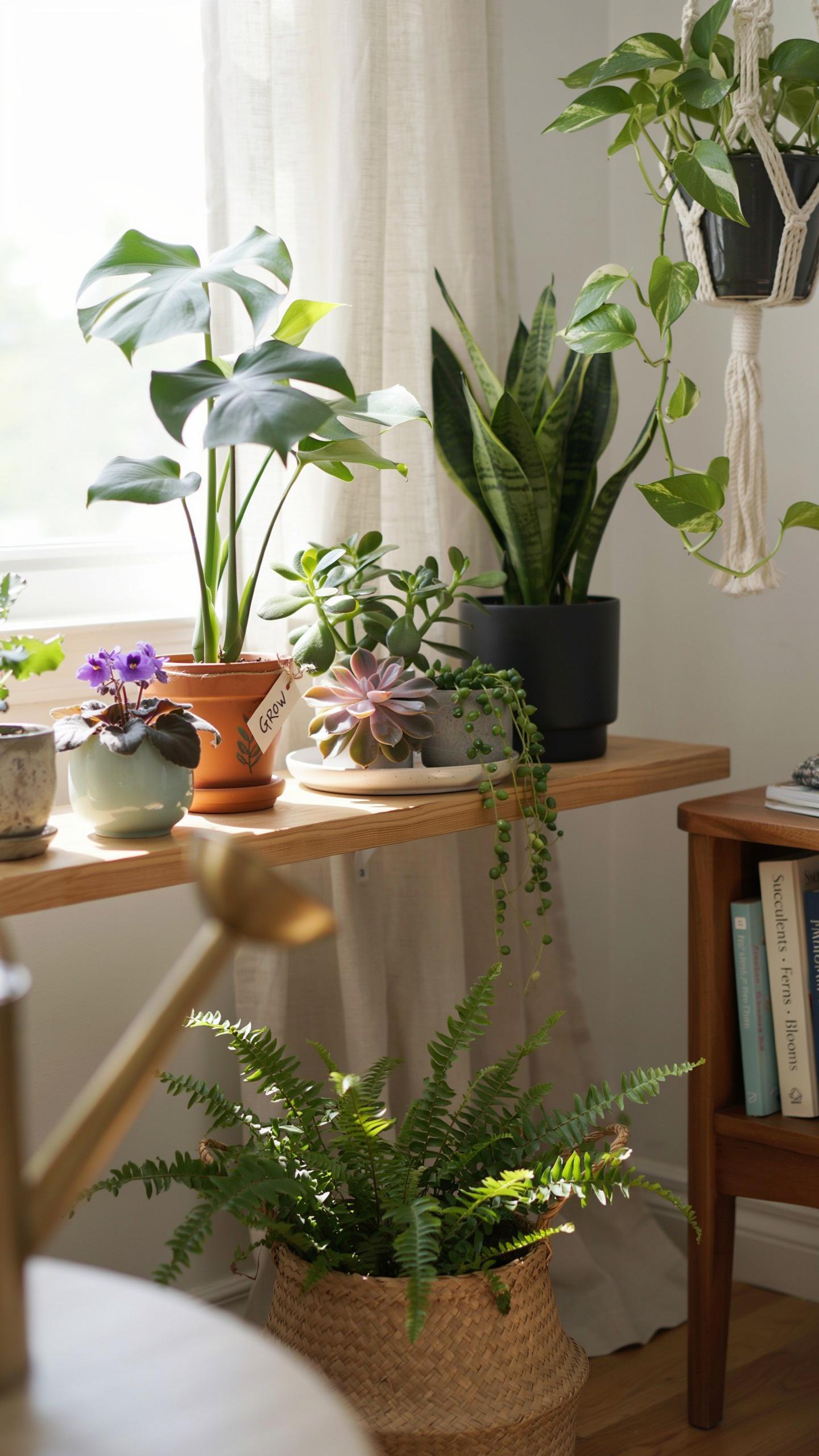 A variety of indoor plants are arranged on a wooden shelf in front of a bright window with sheer white curtains, and on the floor in a wicker basket,