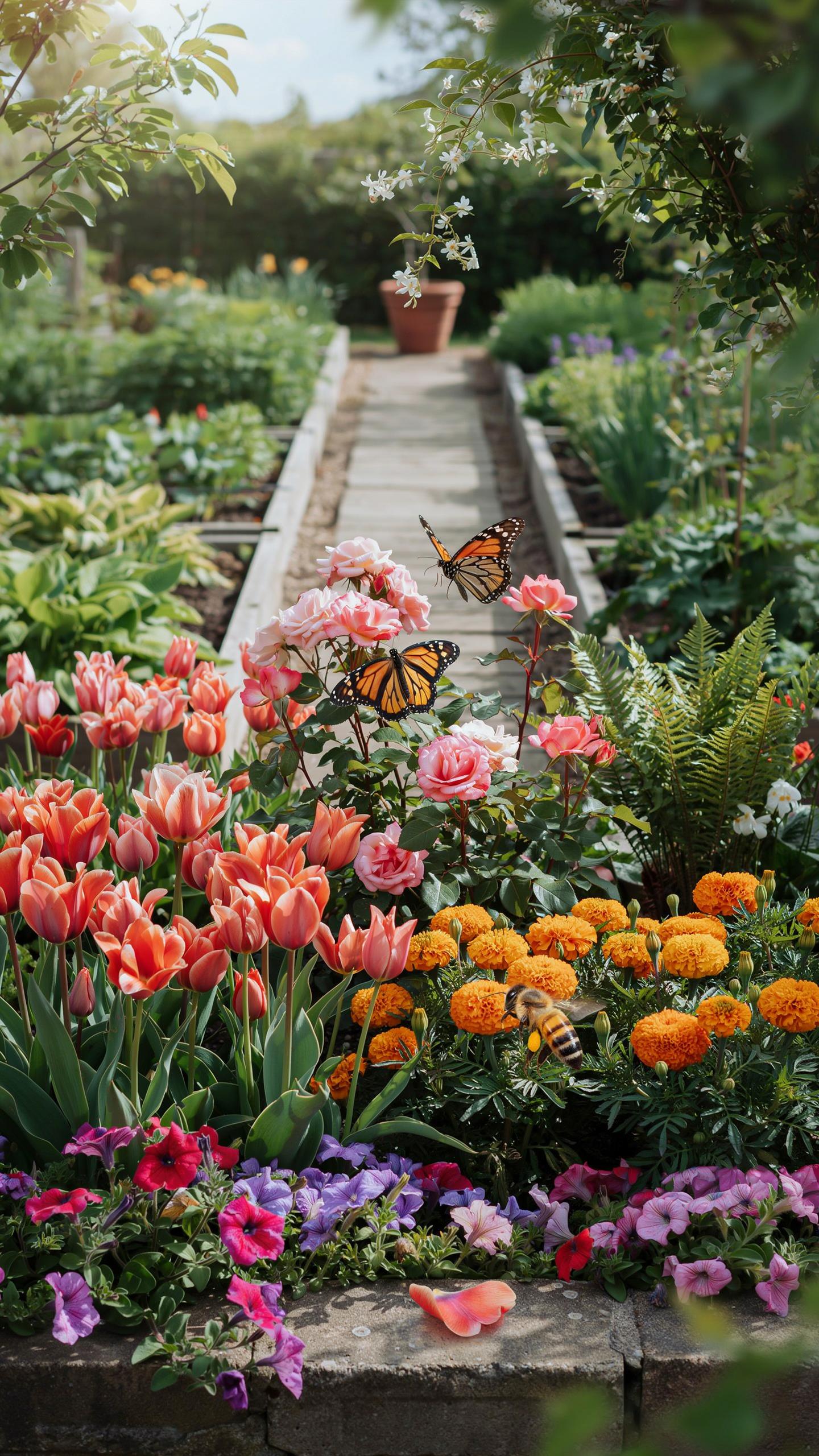 A vibrant garden path stretches into the distance, flanked by raised flower beds overflowing with colorful tulips, roses, marigolds, and petunias, wit