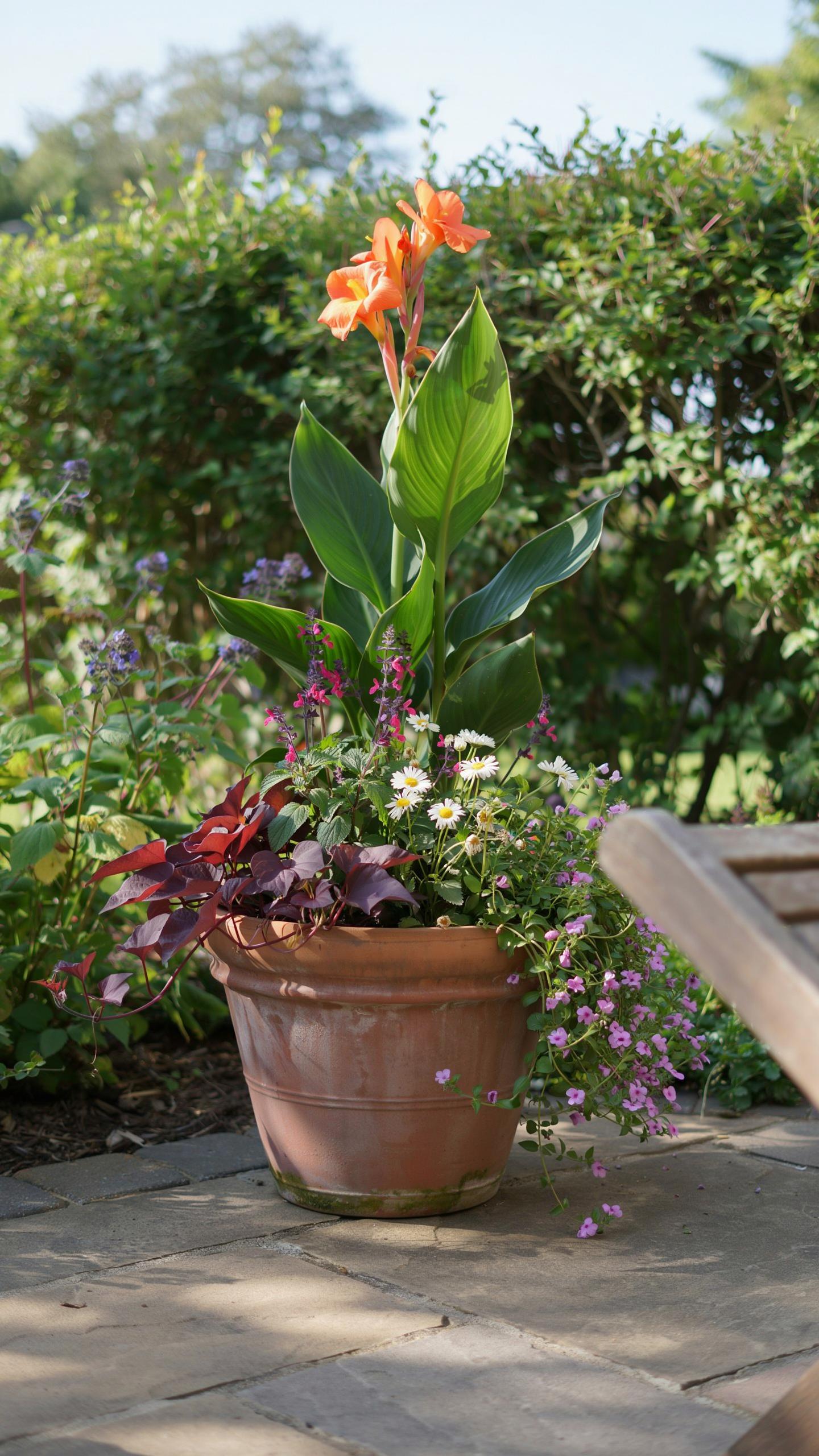 A large terracotta pot sits on a stone patio, filled with a vibrant arrangement of plants, including tall orange canna lilies, purple foliage, and var