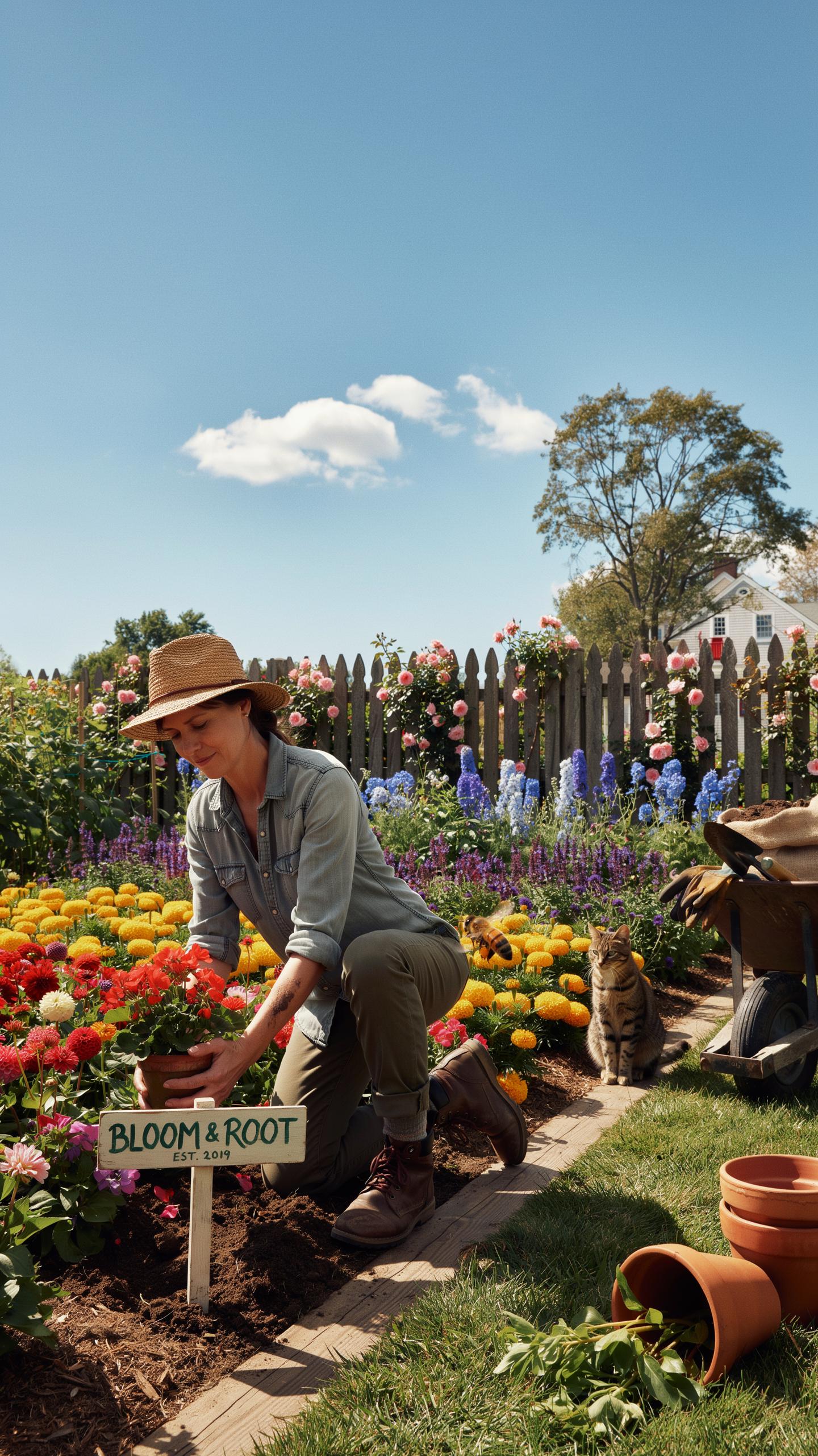 A woman wearing a hat, blue shirt, and brown pants kneels in a vibrant flower garden on a sunny day, planting a small potted plant into the soil next