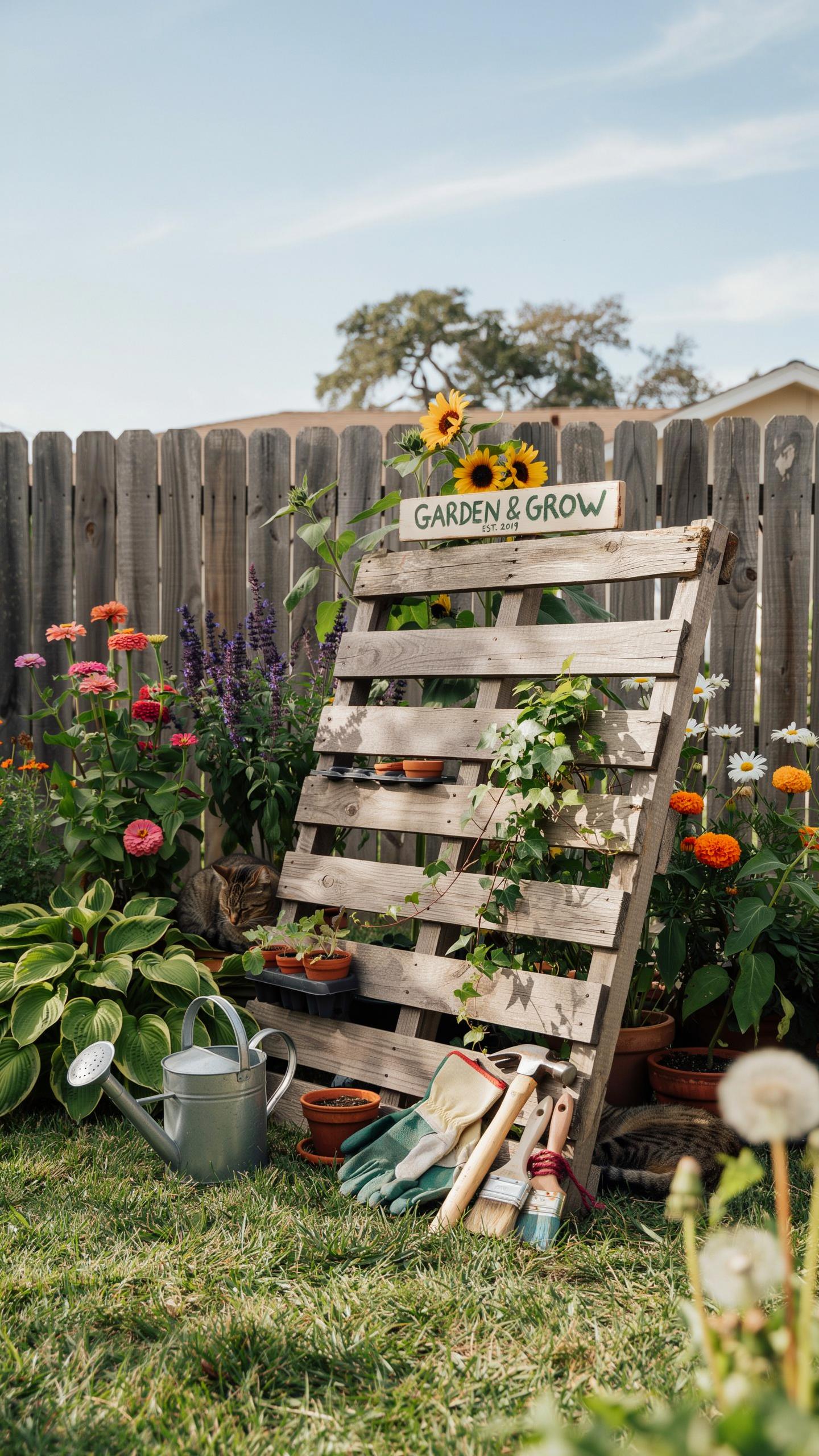 A rustic garden scene features a repurposed wooden pallet leaning against a wooden fence, adorned with a 'GARDEN & GROW' sign and potted plants, surro