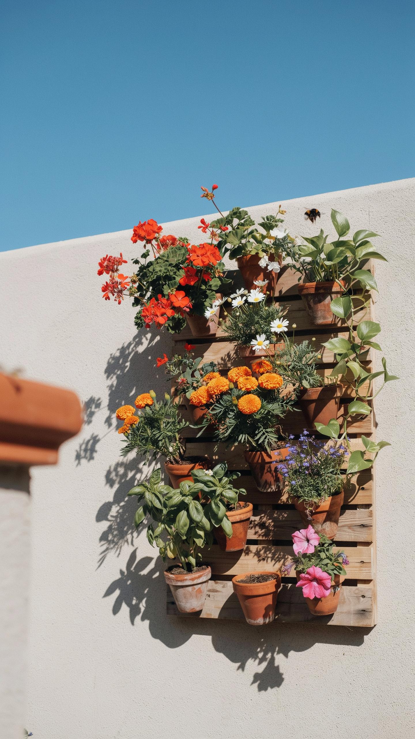 A rustic vertical garden made from wooden pallets holds terracotta pots filled with vibrant red, orange, and pink flowers, and green leafy plants, mou