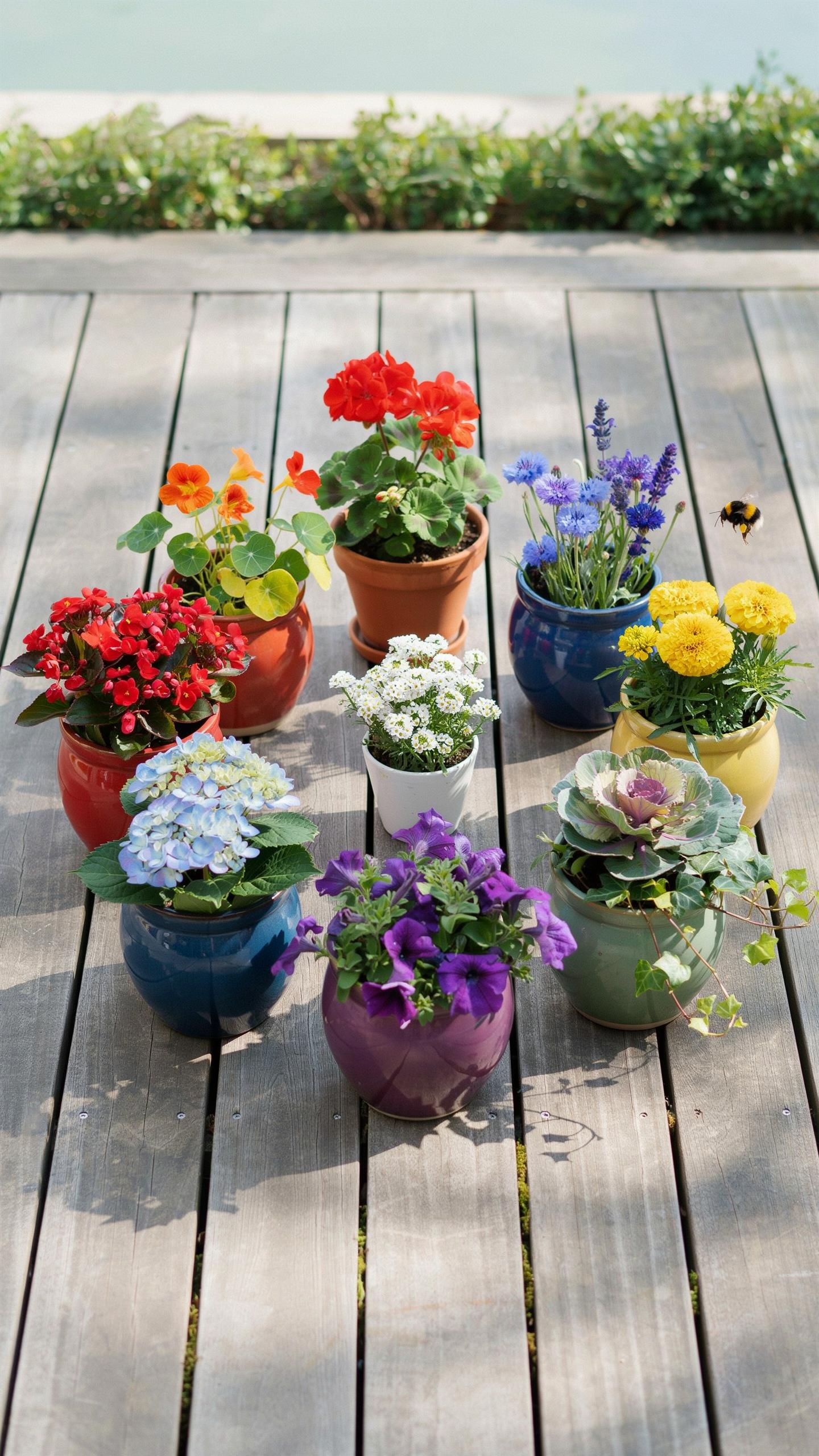 A collection of colorful potted plants with various blooming flowers sits on a light wooden deck, with a blurred green lawn and light blue water in th