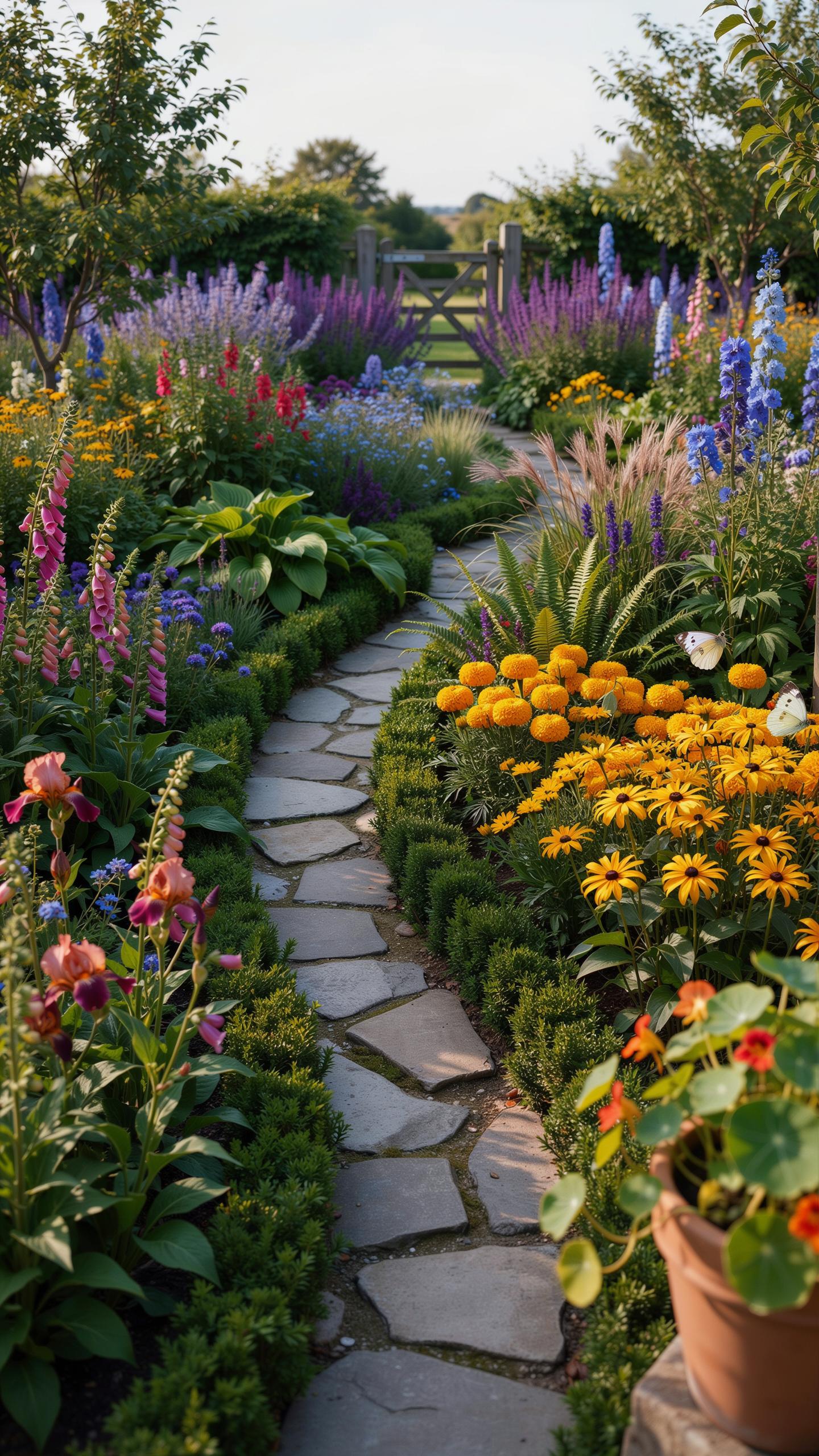 A winding stone path leads through a lush, colorful cottage garden filled with various flowers and green foliage, ending at a wooden gate in the dista