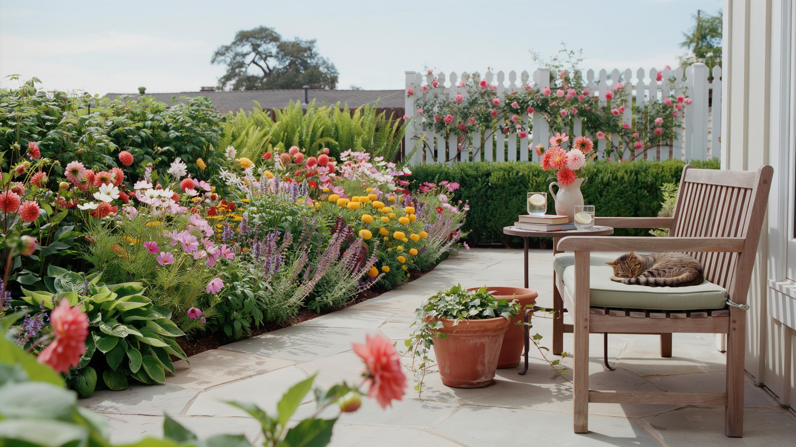 A colorful backyard patio features a lush garden blooming with various flowers, two wooden chairs and a small table, with a cat napping on one of the
