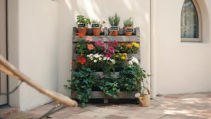 A DIY vertical garden made from wooden pallets holds various potted herbs and colorful flowering plants against a white stucco wall in a sunny outdoor