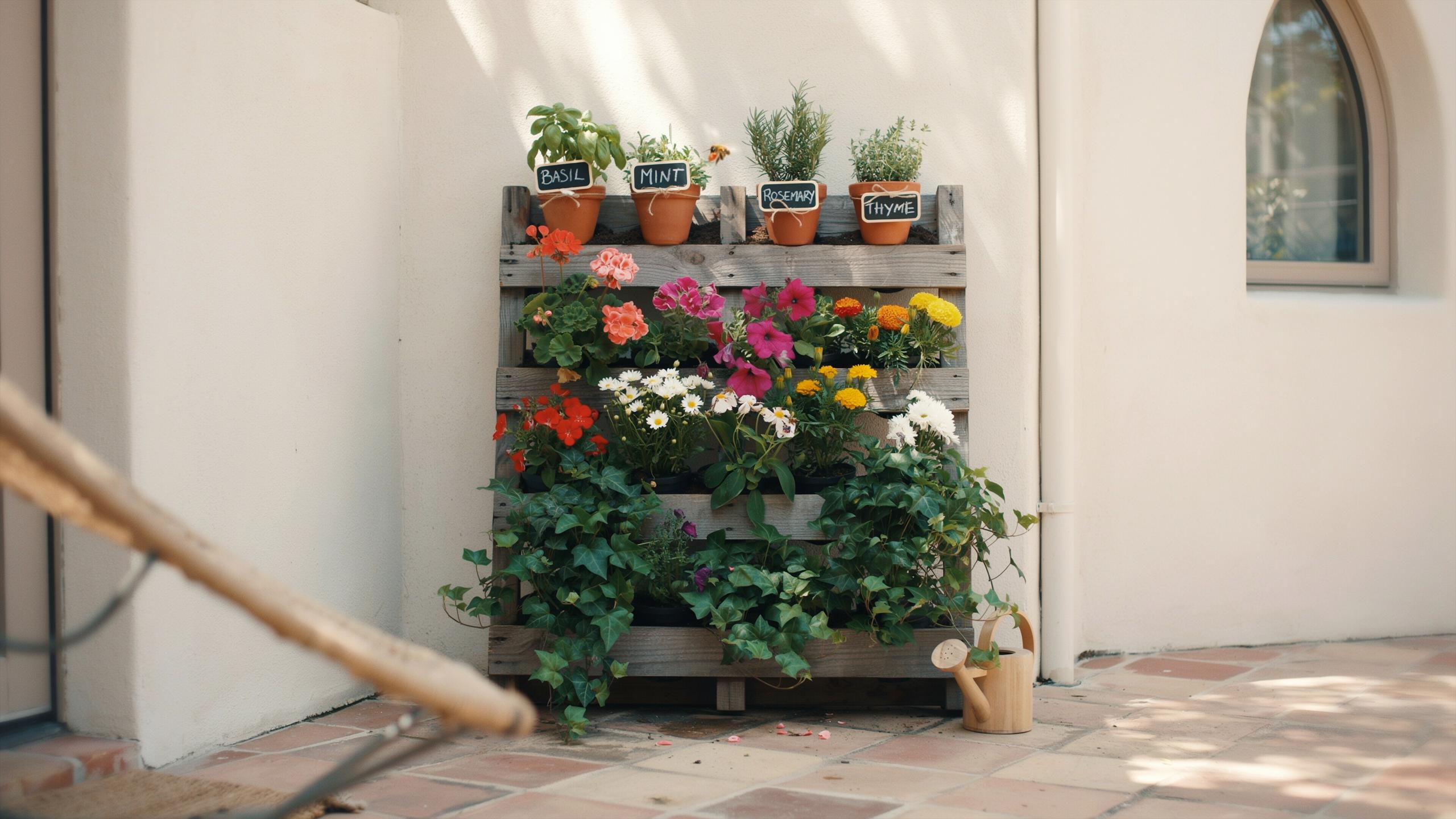 A DIY vertical garden made from wooden pallets holds various potted herbs and colorful flowering plants against a white stucco wall in a sunny outdoor
