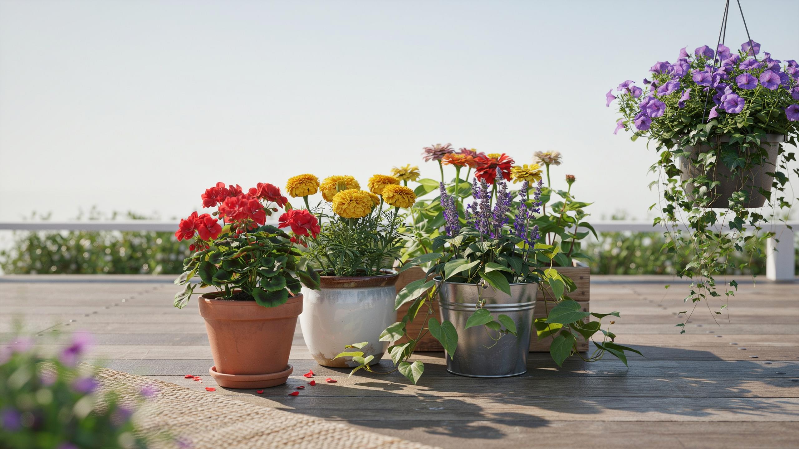 An outdoor scene features several potted flowering plants on a wooden deck or table. From left to right, there's a terracotta pot with red flowers, a