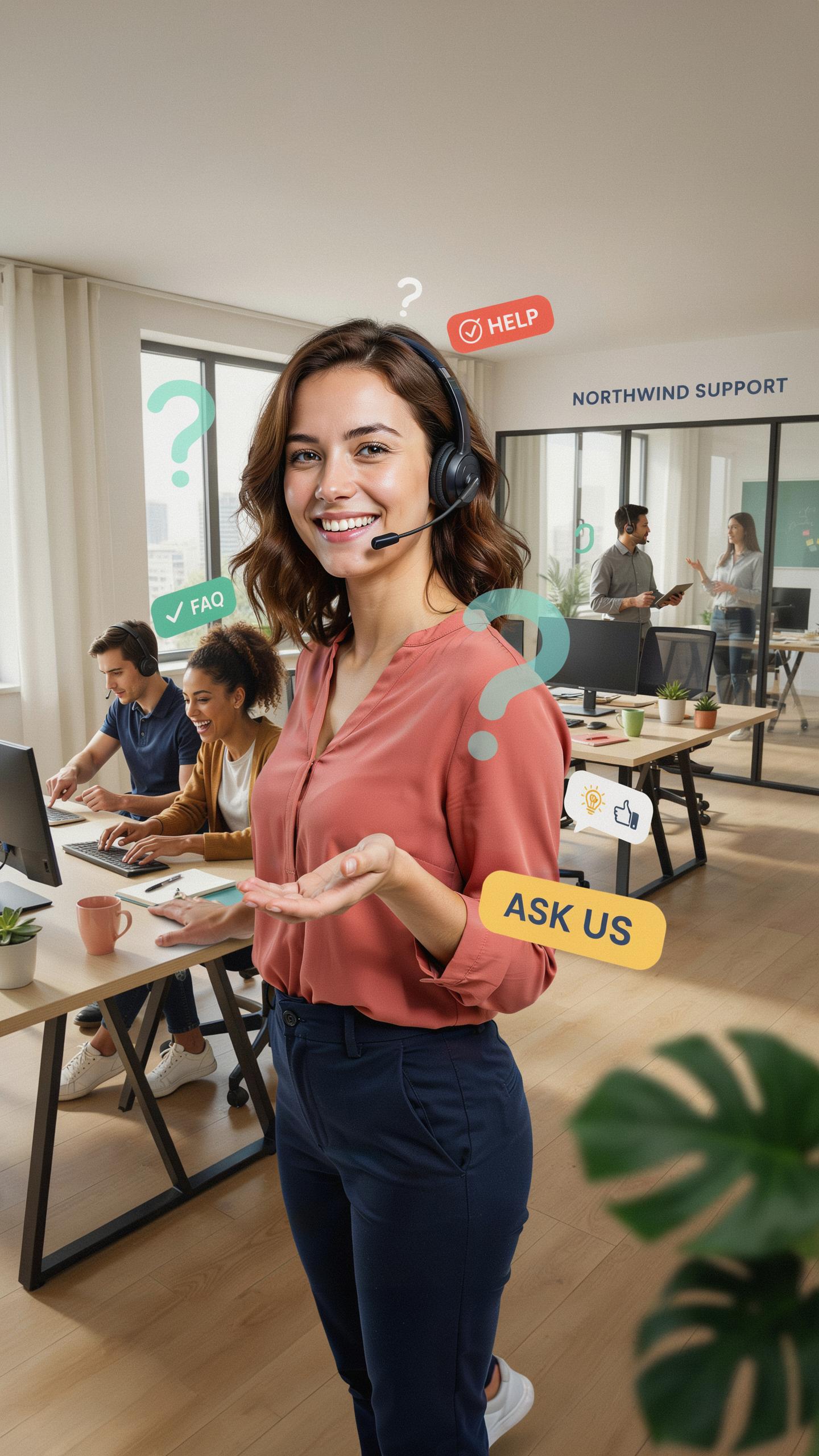 A smiling young woman with a headset stands in a modern office, gesturing with an open palm, surrounded by speech bubble icons like 'HELP' and 'ASK US