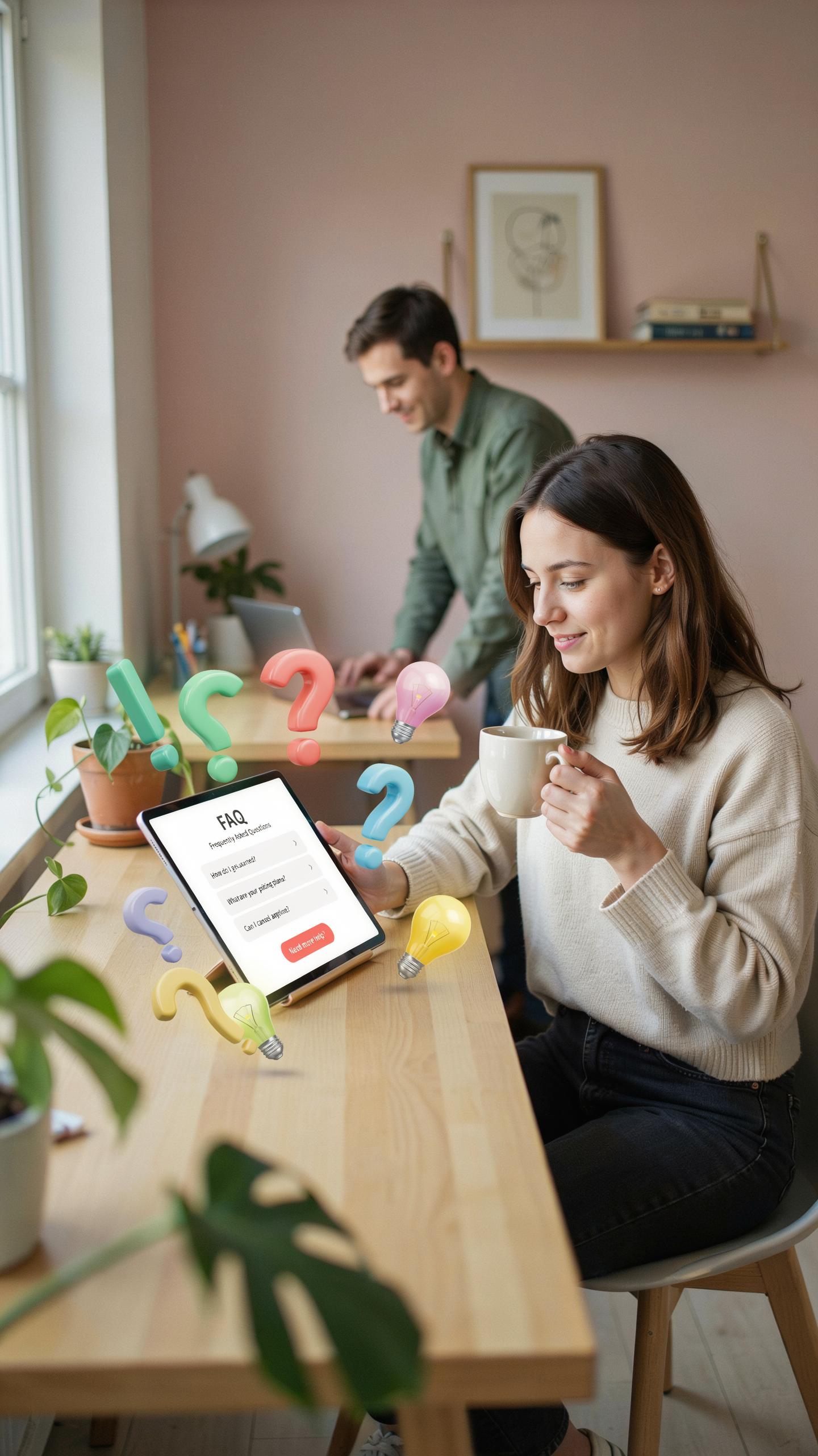 A young woman with brown hair sits at a light wooden desk, holding a white mug and looking at a tablet displaying a login page, while a young man stan