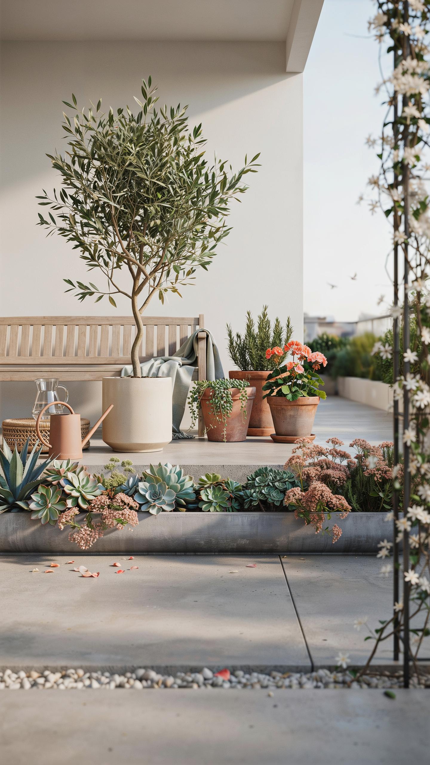 A sunlit patio features a large potted olive tree in a white planter, flanked by a wooden bench and gardening tools like a watering can, with several