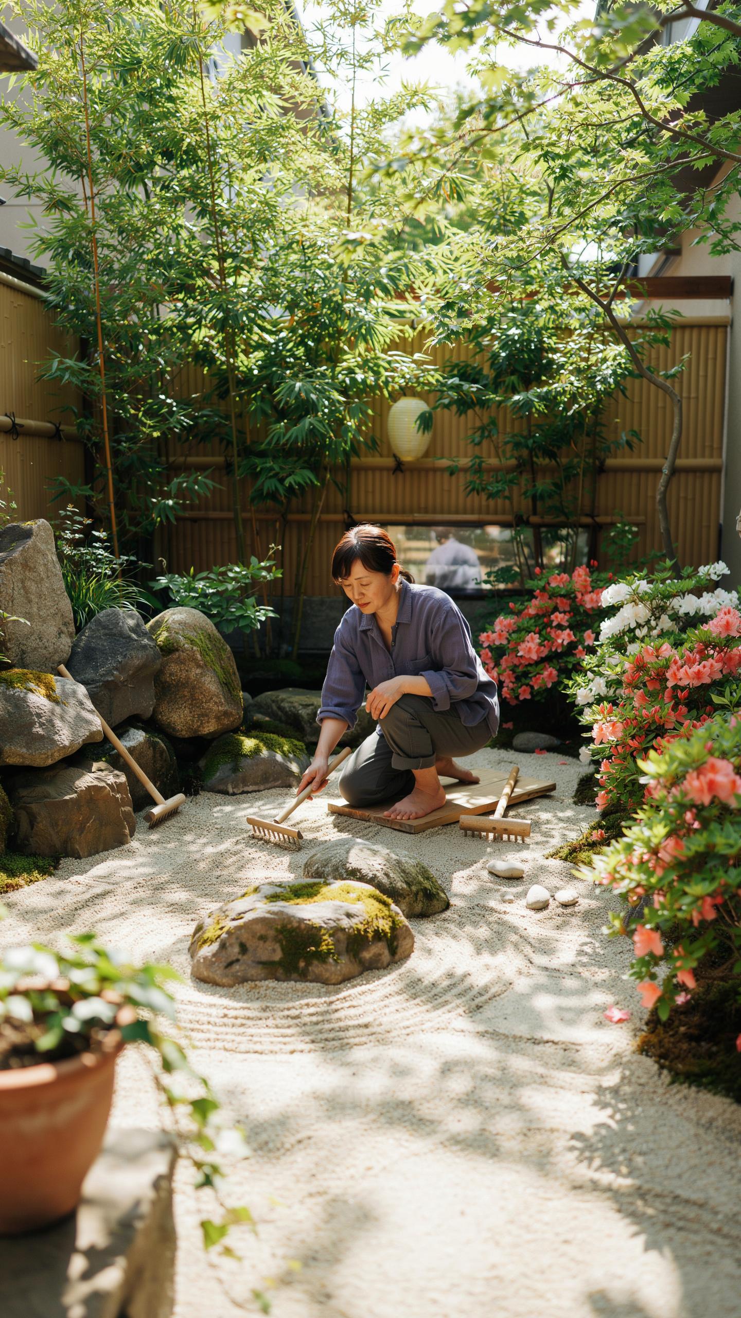A person kneels in a serene Japanese rock garden, carefully raking patterns into white sand with a small wooden rake, surrounded by lush green foliage