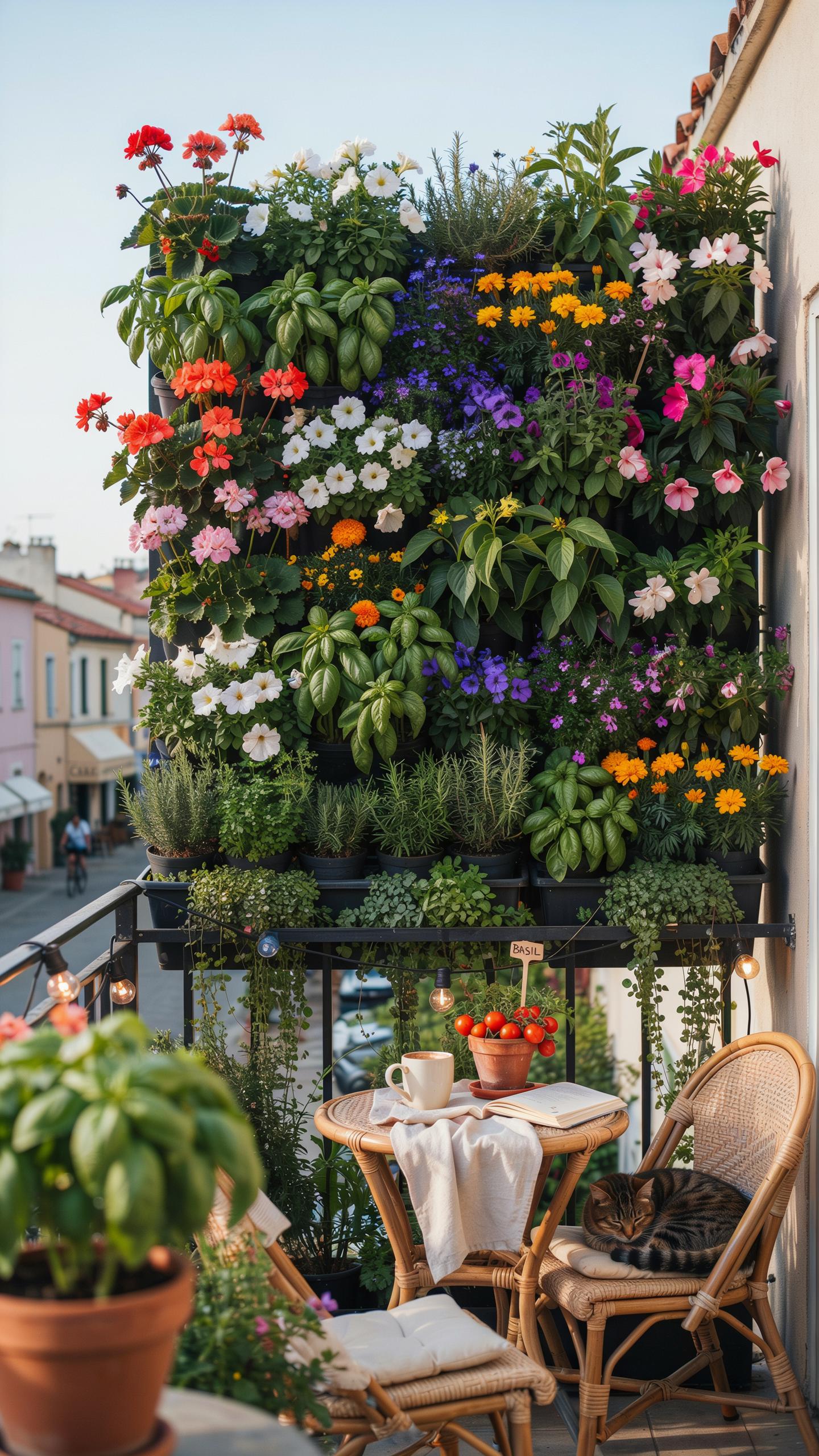 A vibrant vertical garden filled with various colorful flowers and greenery covers a balcony wall, with a small wooden table and two chairs in the for