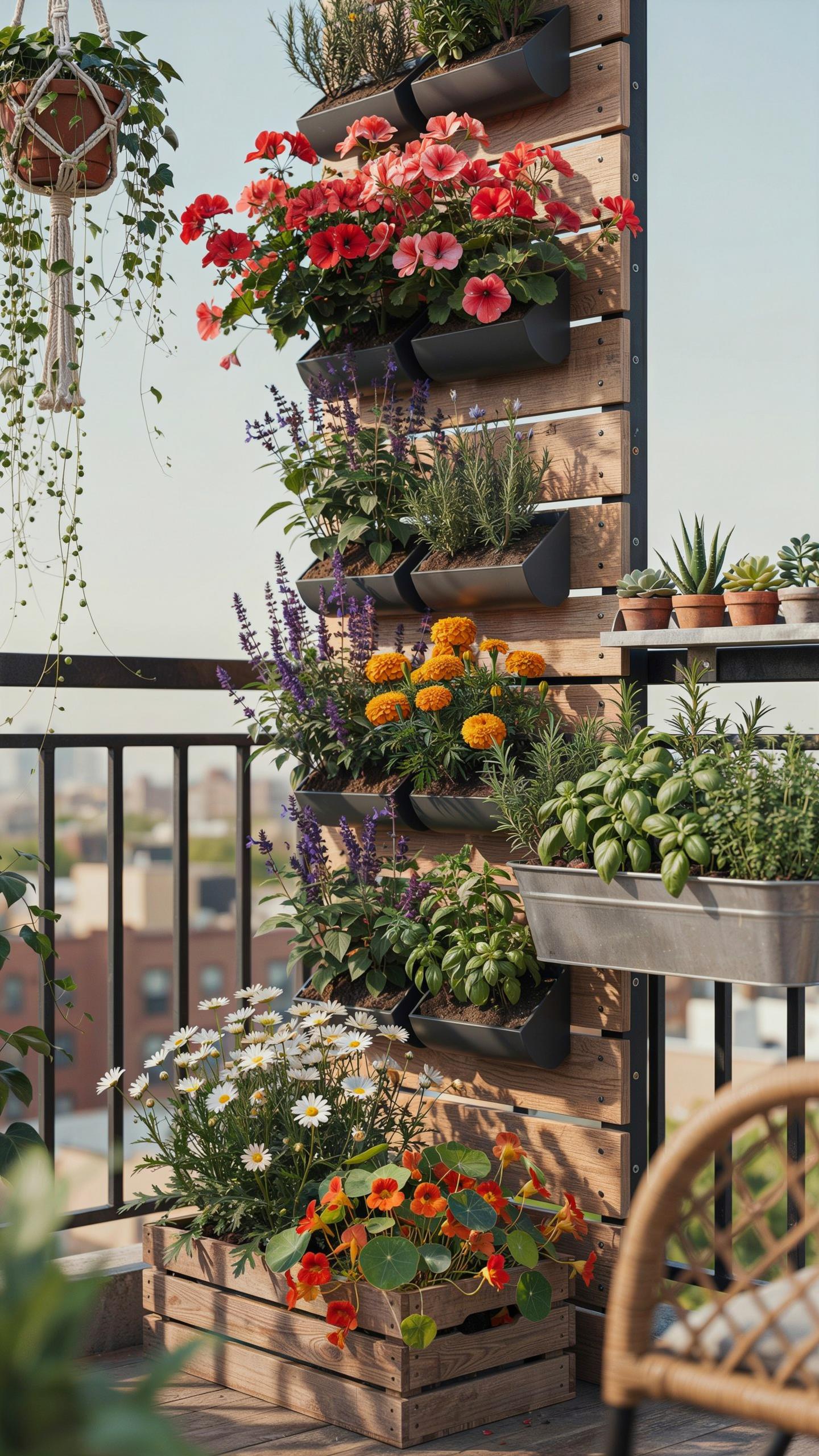 A vibrant vertical garden on a balcony features various colorful flowers and herbs planted in wall-mounted pockets and wooden crates, with a cityscape