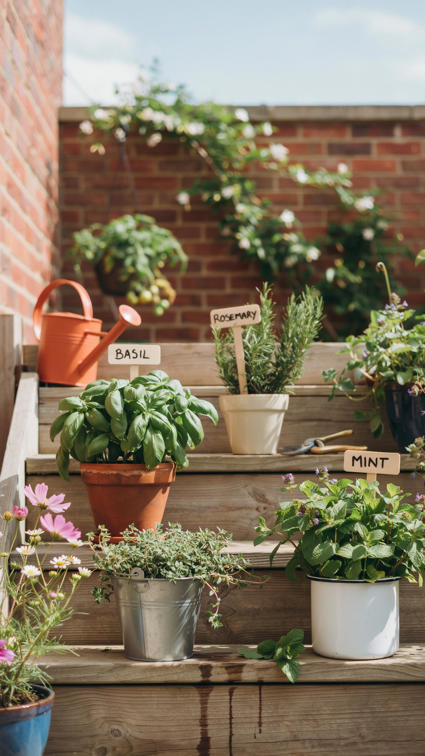 A vibrant vertical image showcasing a variety of potted herbs like basil, rosemary, and mint, along with other small plants, arranged on light wooden