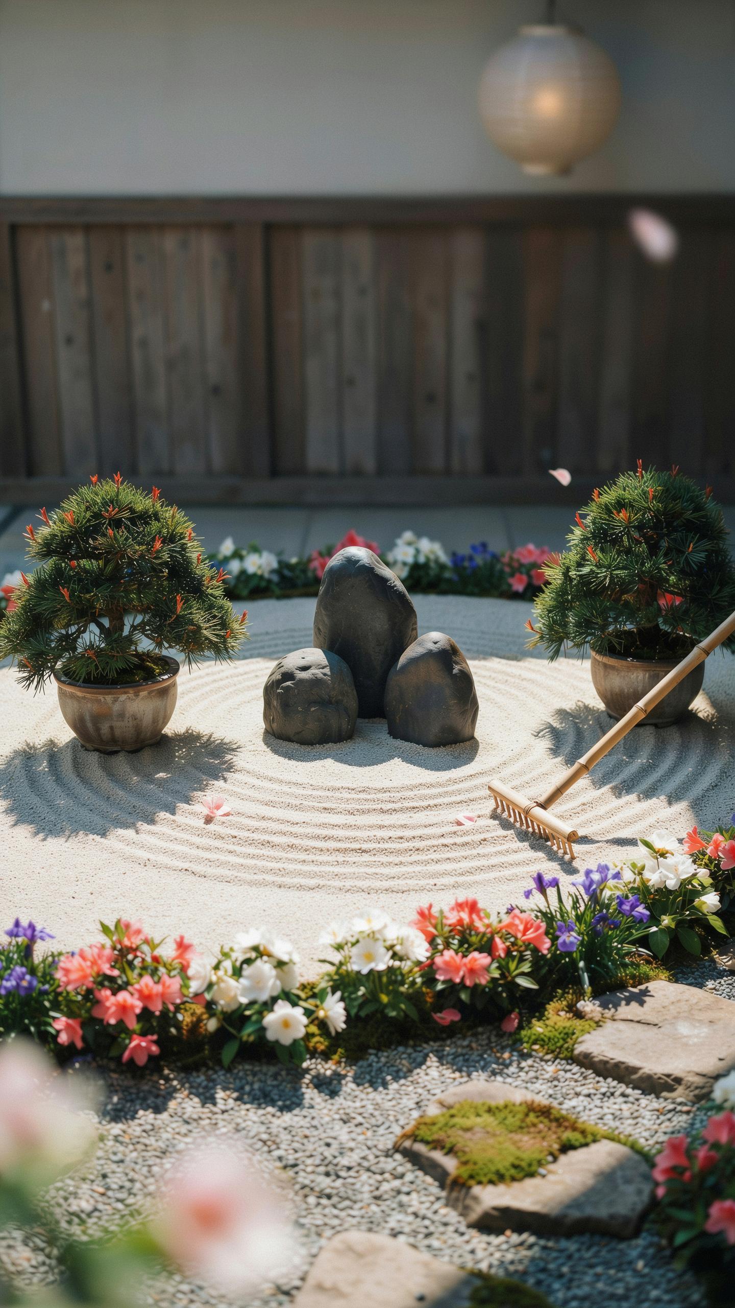 A serene Japanese rock garden features raked sand with concentric circles around three dark, smooth stones, flanked by two small bonsai trees in pots.