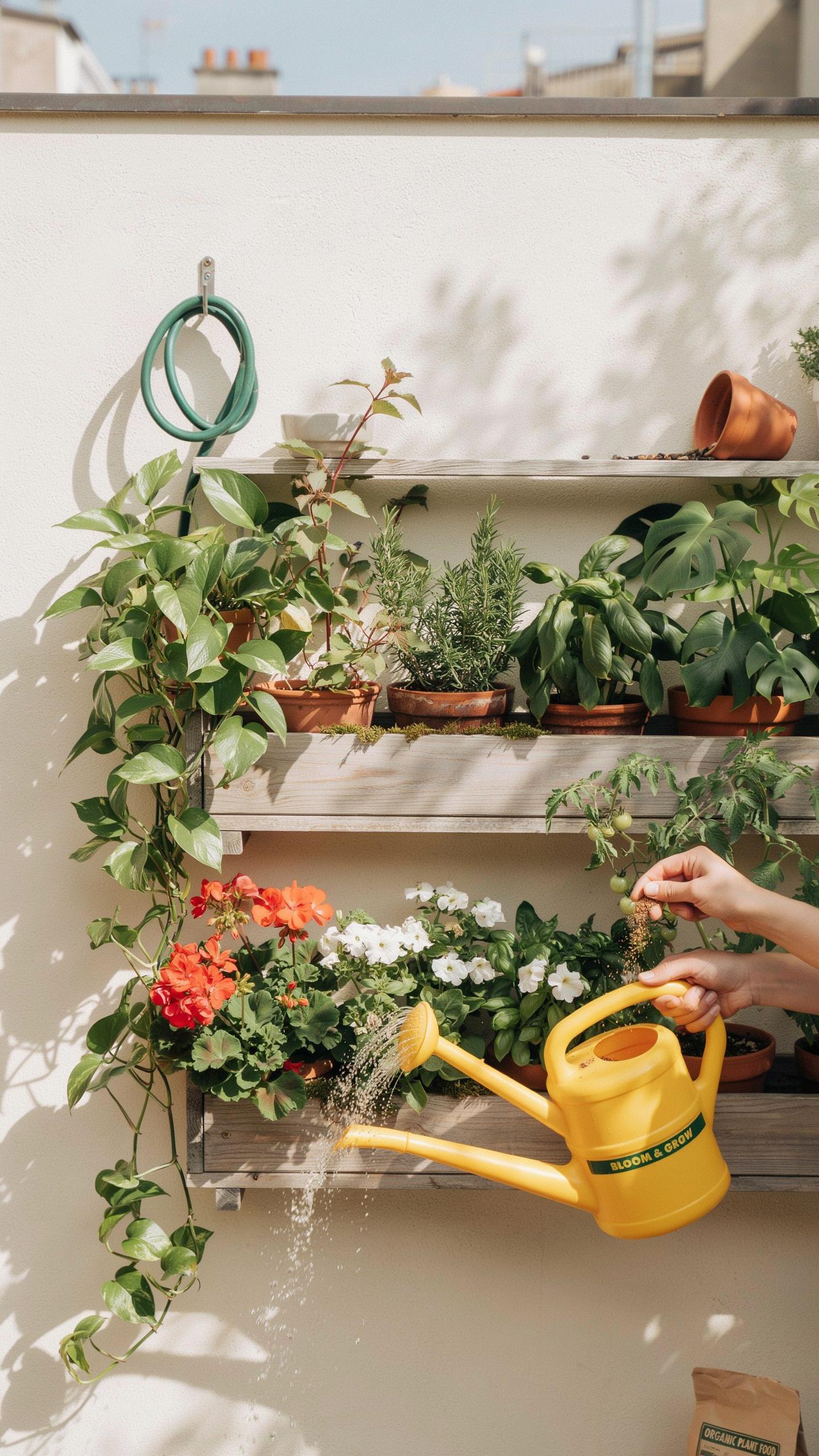 A person's hands hold a bright yellow watering can, tending to a vibrant vertical garden with various plants and flowers on a white wall.