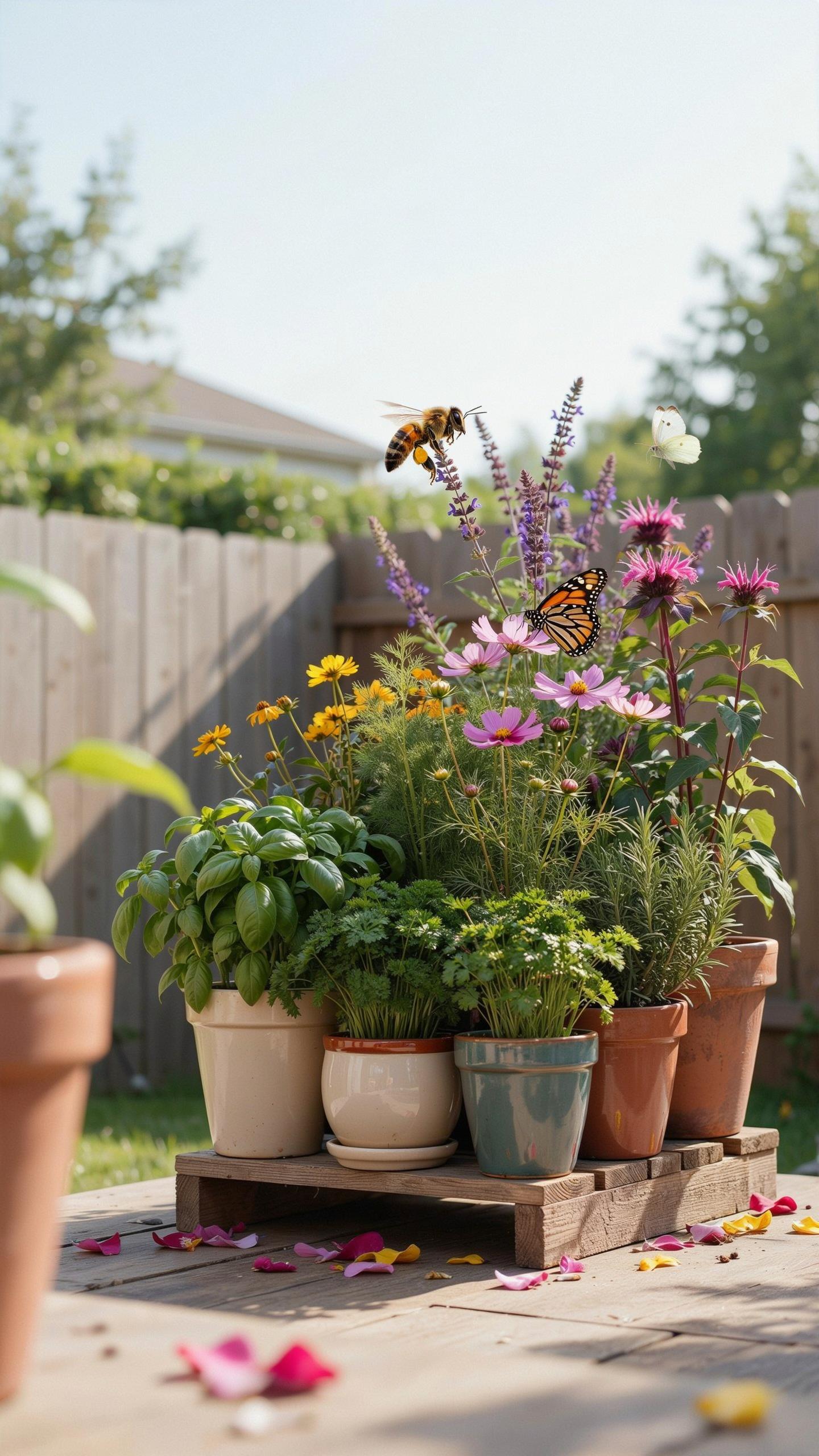A vibrant collection of potted herbs and flowering plants sits on a wooden pallet outdoors, with a honeybee hovering above purple flowers and two butt